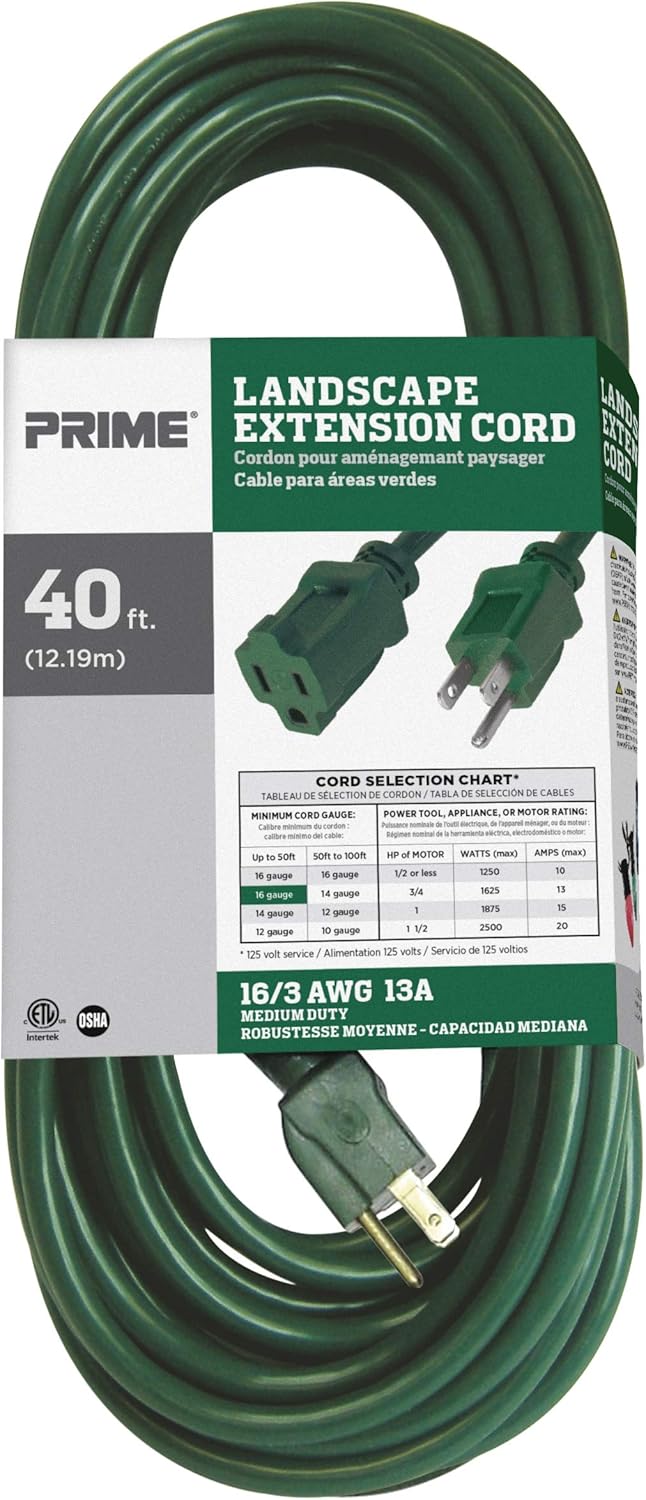 Prime Wire & Cable EC880628 40-Foot 16/3 SJTW Lawn and Garden Outdoor Extension Cord, Green