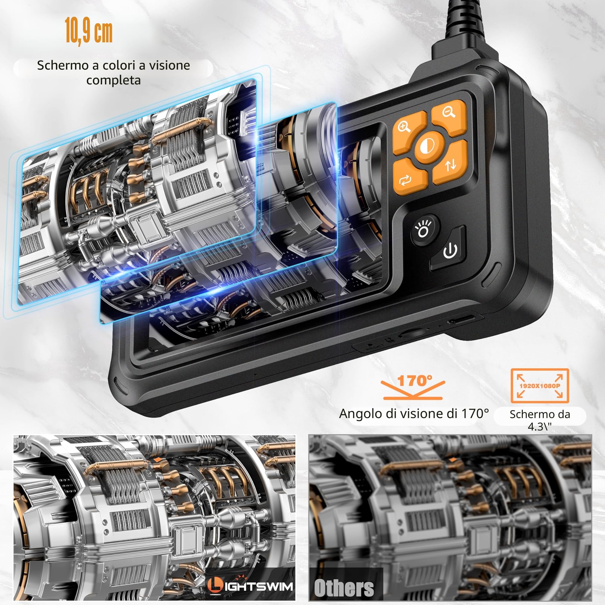 Boroscopio digitale HD a doppia lente, 1080p, IPS da 4,3", telecamera di ispezione con palmare IP67, impermeabile, con 8 luci LED, cavo semirigido da 5 m