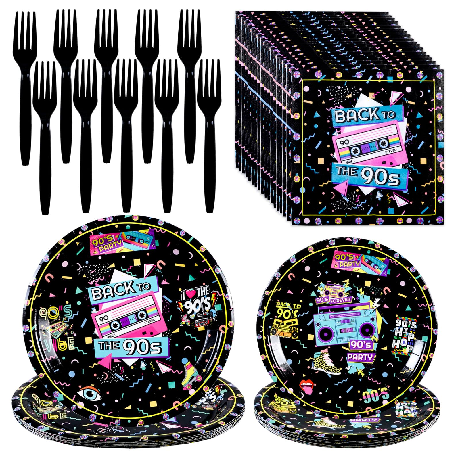MIANRUII 90s Party Plates, 50 PCS Returning to 1990s Hip-Hop Party Birthday Themes, Including Plates, Napkins, Forks, Suitable for 90s Themed Party Supplies (Black) — image 1