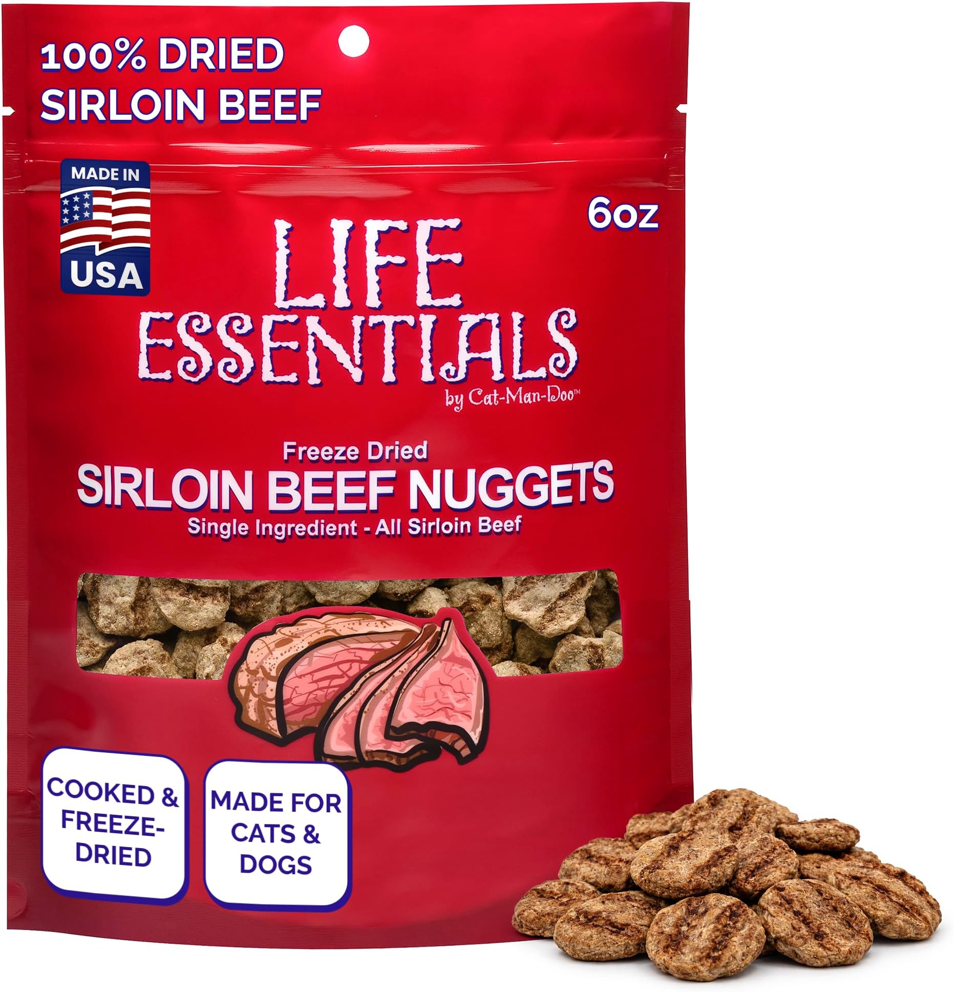 Life Essentials by Cat-Man-Doo Freeze Dried Dog Treats, All Natural Sirloin Beef Nuggets, Healthy High Protein Dog Training Treats, Single Ingredient Beef, 6 oz