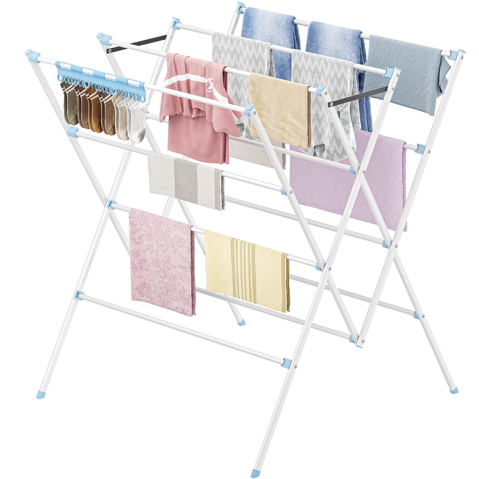 HOMIDEC Clothes Airer, Foldable Clothes Drying Rack with Sock Clips, Space Saving Clothes Horse, Stainless Steel Laundry Drying Rack Airer for Indoor Outdoor Use, Blue — image 1