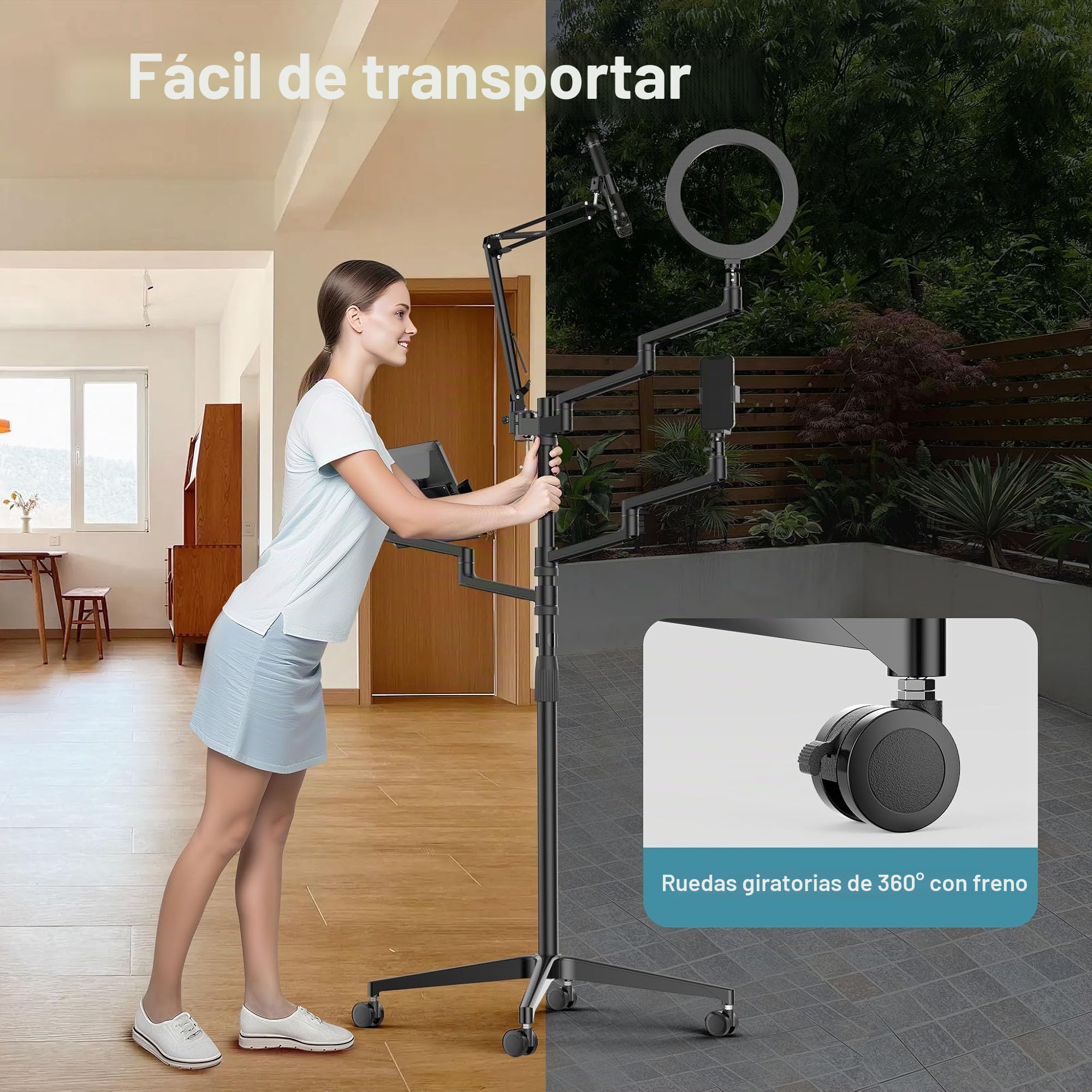 WilTec Soporte de Streaming 4 en 1 99,6x15,2 x143 cm Base con Ruedas 1 Brazo de micrófono 3 Brazos articulados para cámara, Anillo de luz y Monitor/Ordenador Base de Broadcast
