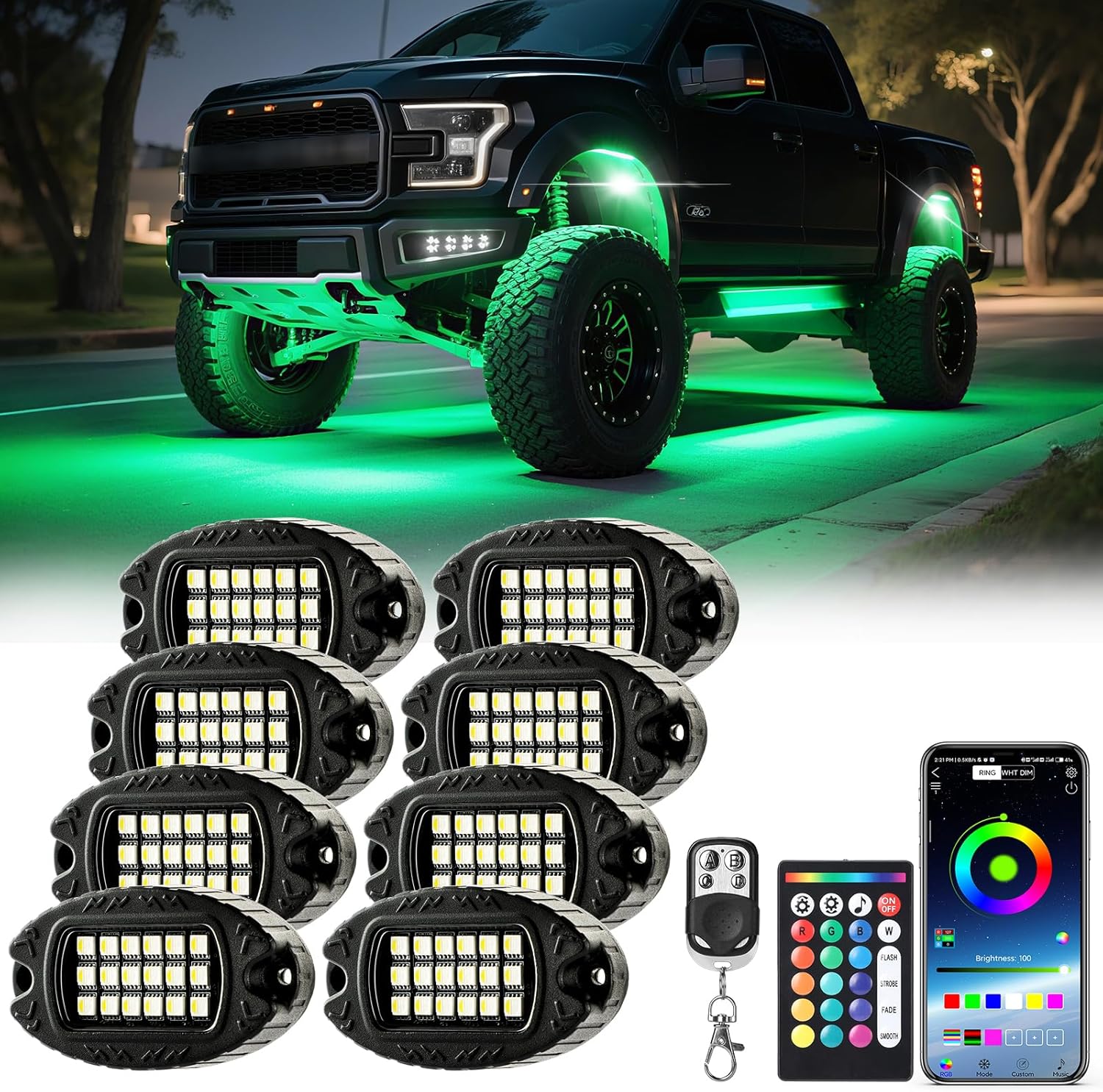 8 Pods Metal RGBW Rock Lights,LED Upgraded RGB Underglow Lights for Truck Jeeps ATV UTV Golf Cart RZR SXS Offroad,IP68 Waterproof Metal Multicolor Neon Underglow Kit with APP/RF Remote Music Mode,12V