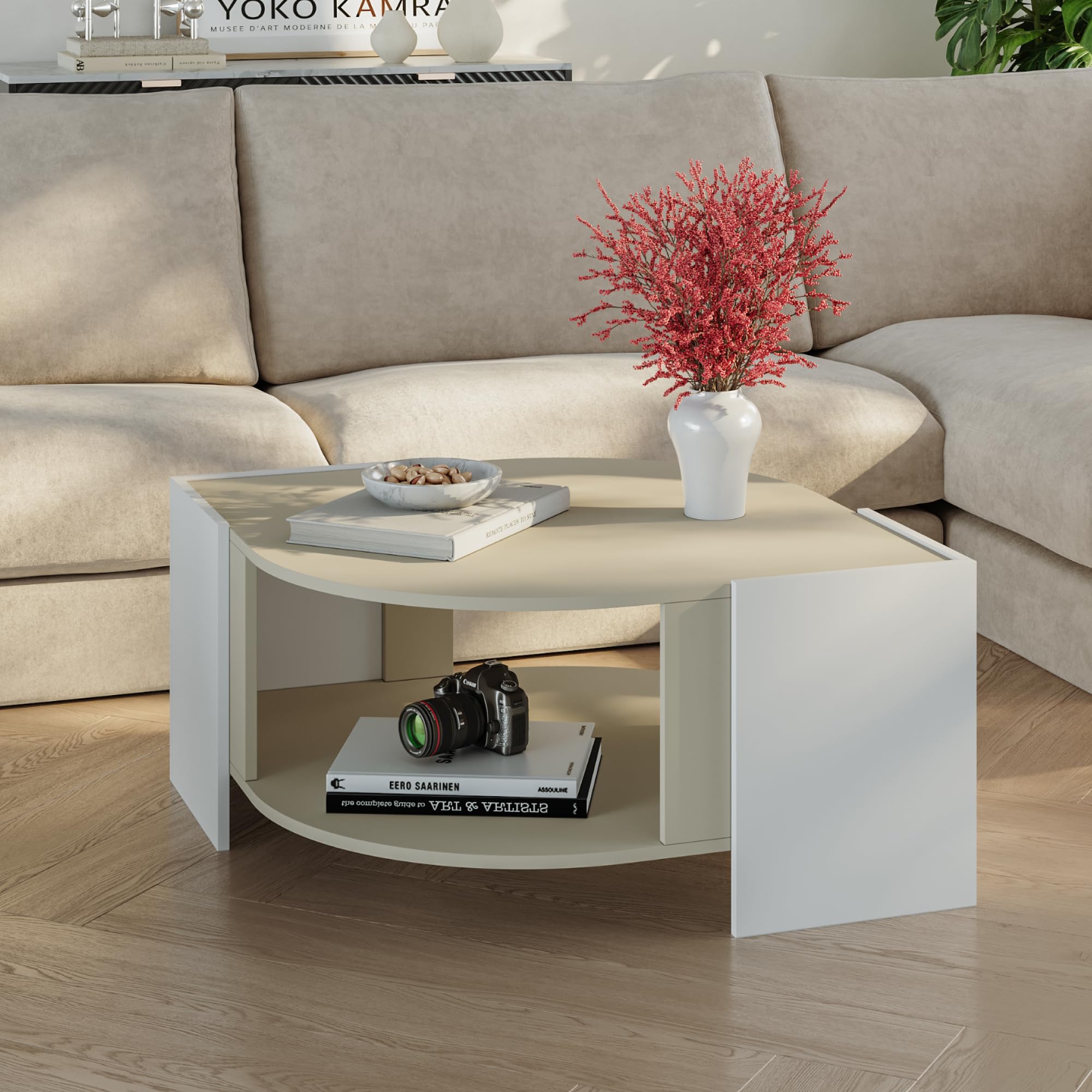 [en.casa] Tavolino Centrale da Salotto con Piano Curvo Tavolo Basso da Caffè con Ripiano Vano Aperto per Soggiorno Living Studio 75 x 75 x 40 cm - Bianco/Color Avena Oatmeal
