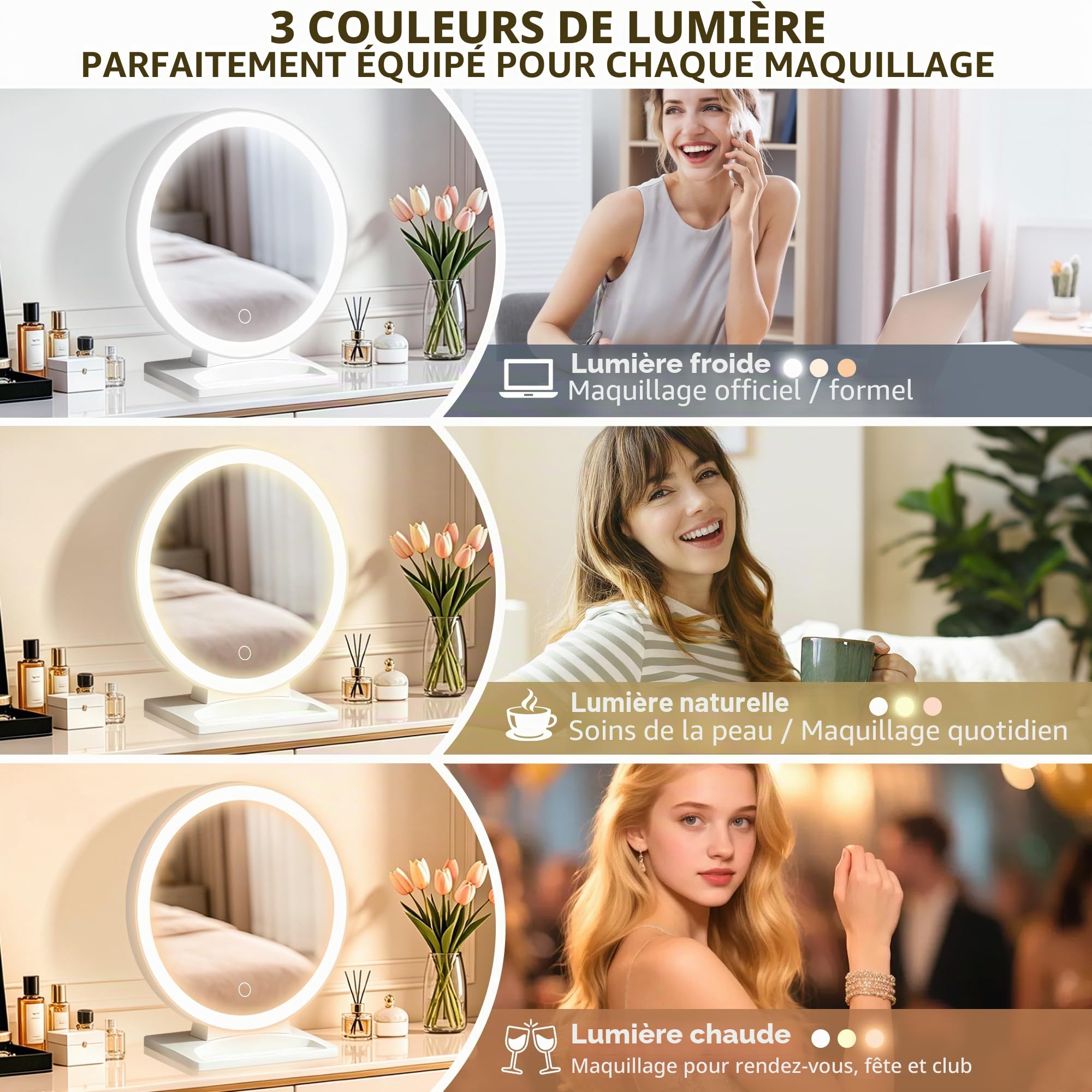 MOMOKUBA Miroir de Maquillage avec éclairage, Miroir grossissant avec Ventouse 30 Fois, 3 Couleurs de lumière et Angle réglable, Miroir de Table pour la Chambre à Coucher, 31,5 x 29 cm