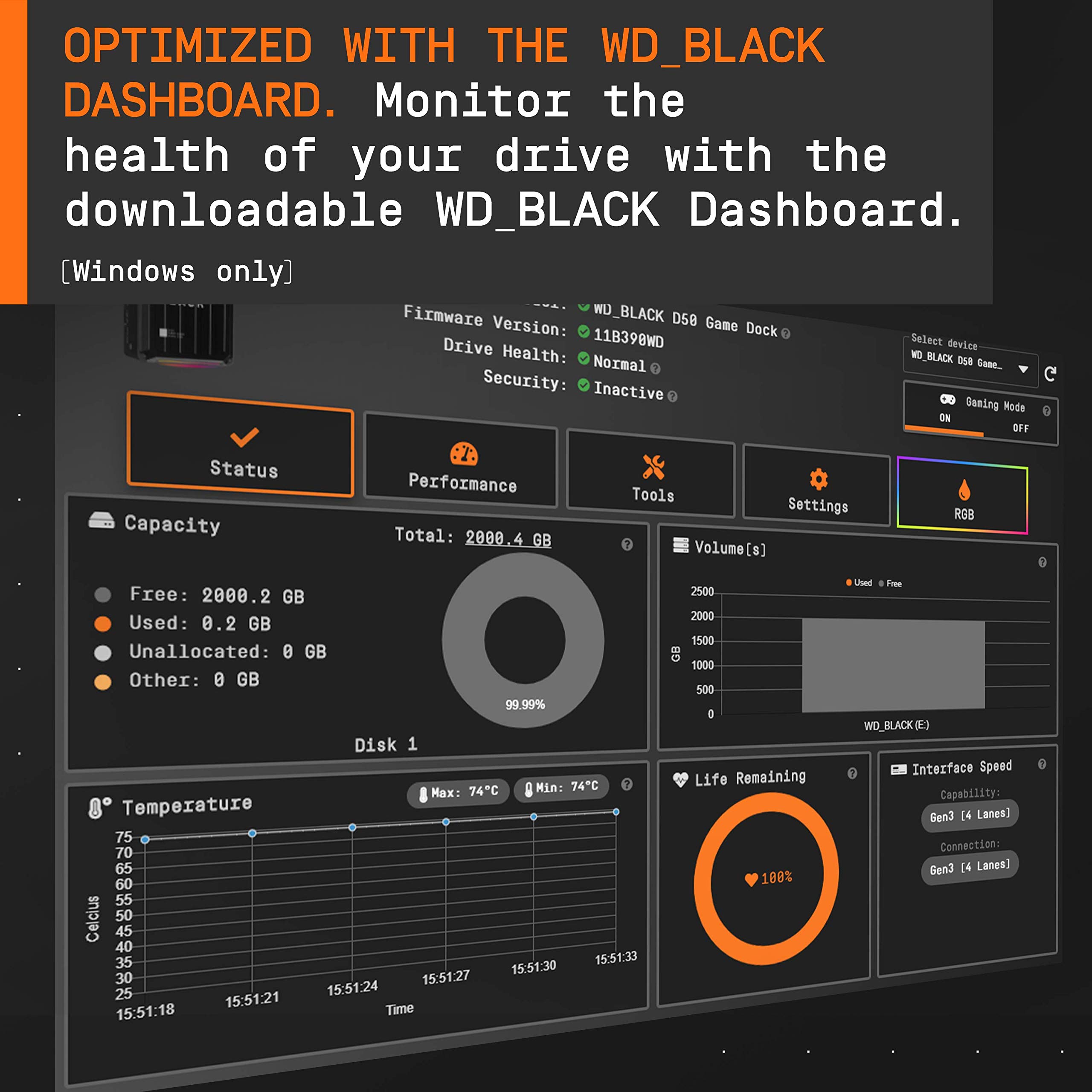 WD_BLACK D50 Game Dock 2 TB (2x Thunderbolt 3 Anschlüsse, DisplayPort 1.4, 2x USB-C, 3x USB-A, Audio Ein/Aus und Gigabit Ethernet anpassbare RGB-Beleuchtung) schwarz