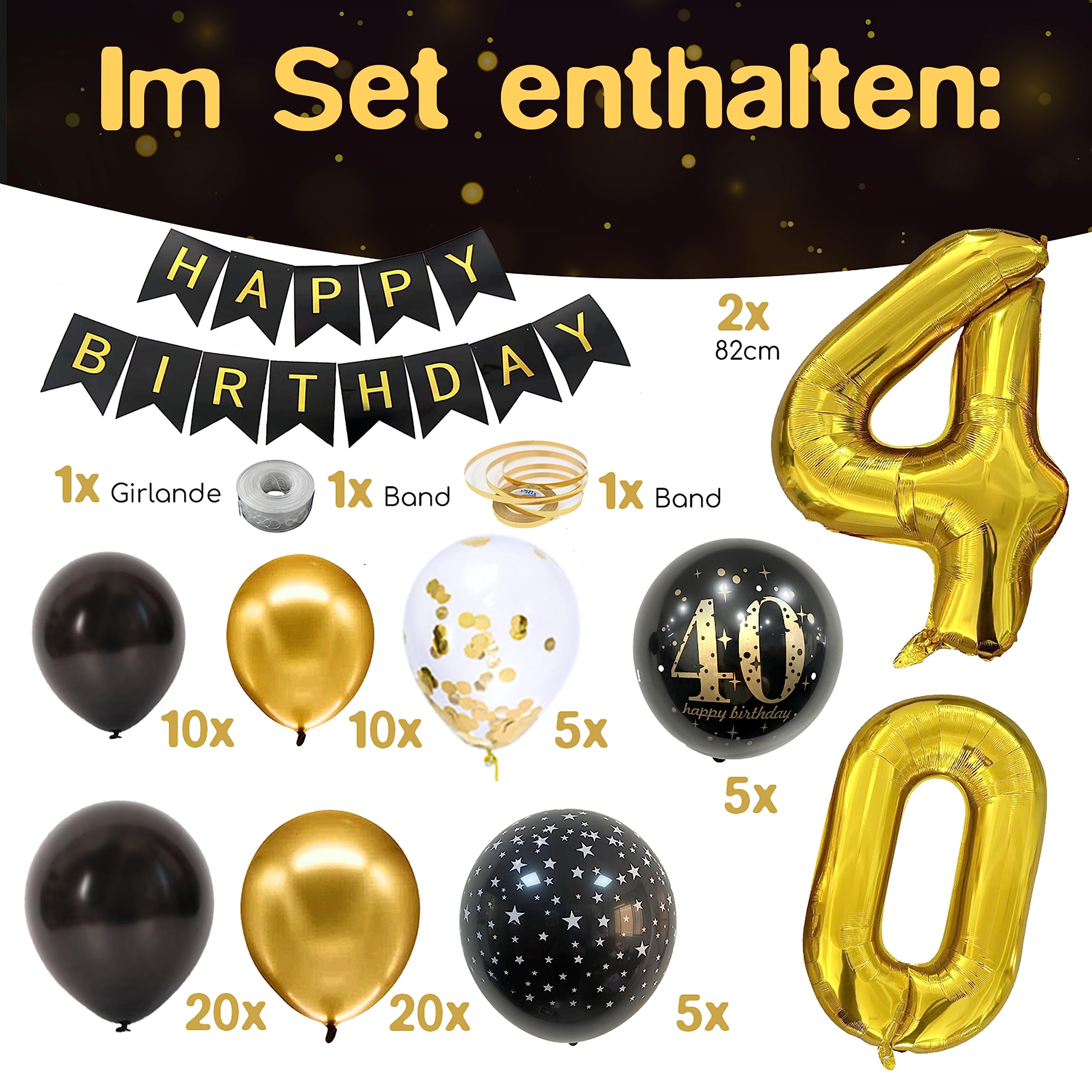 envami® Verjaardagsdecoratie voor 40e verjaardag, dames en heren, zwart-goud, 40 ballonnen, cijferballon, slinger, 40e-verjaardagsdecoratie, Happy Birthday