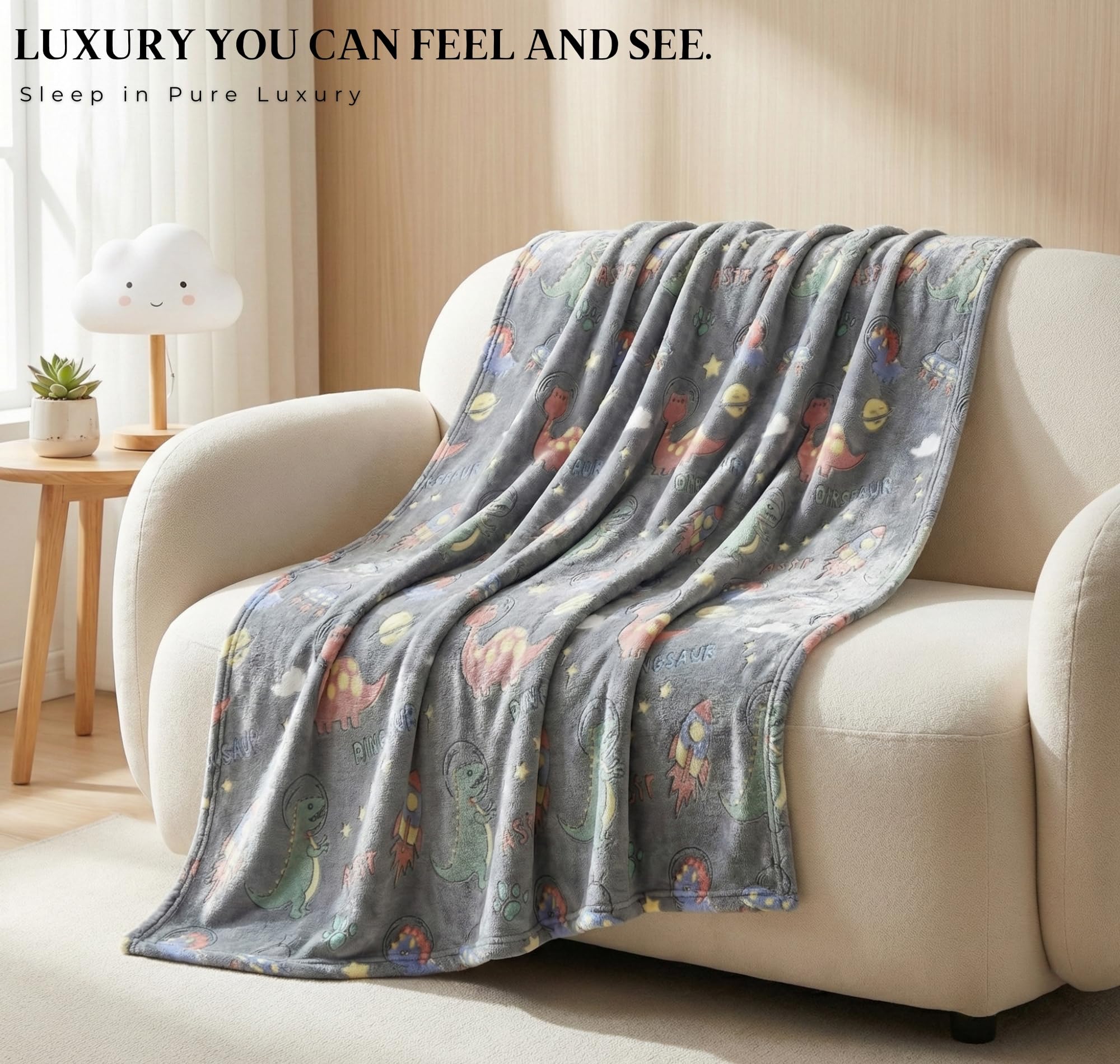 BSB HOME Glow in The Dark Kids Blanket, Soft Flannel Fleece Luminous Blanket for Boys & Girls, Cozy Lightweight Kids Throw for Bed β 42 x 60 in (107 x 152 cm) (Dinosaur & Space Theme - Charcoal Grey) 1