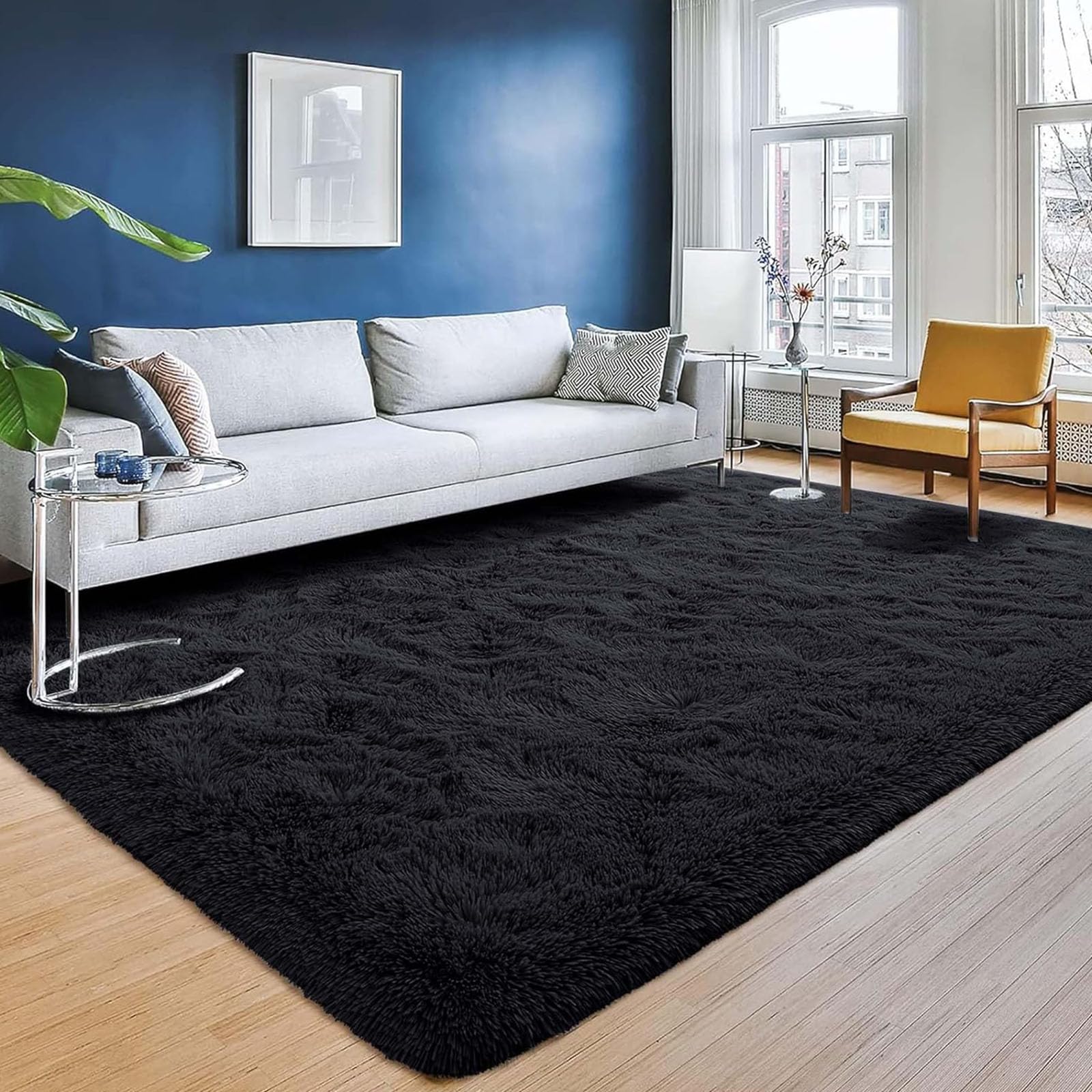 Hochflor Flauschig Teppich 250 x 280 cm Flauschige Oberfläche, Pflegeleicht Und Robust Teppich Wohnzimmer Flauschig für Wohnzimmer Schlafzimmer Flur, Schwarz