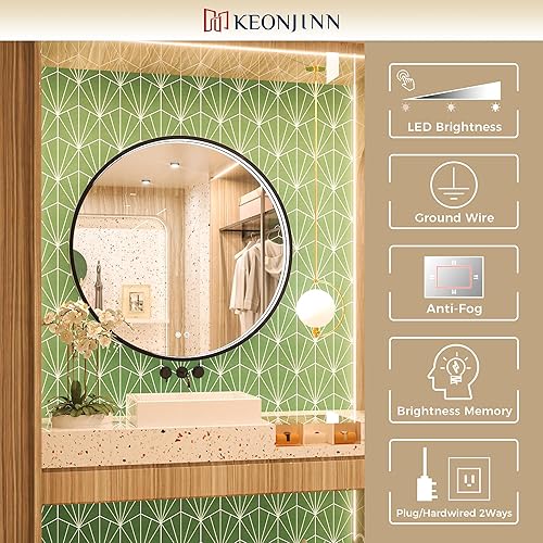 Miniatura 8 de Keonjinn Espejo redondo de 36 LED para tocador, 3 luces de temperatura de color 3000 K4500 K6000 K para baño montado en la pared, espejo redondo con