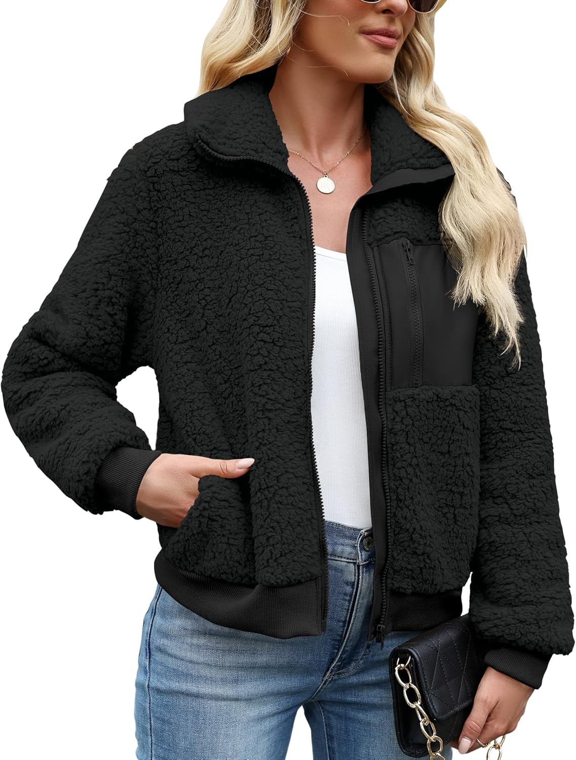 LOMON Women's Sherpa Fleece Jacket: Fuzzy Faux Shearling Zip-Up Coat, Loose Fit Warm Winter Outwear