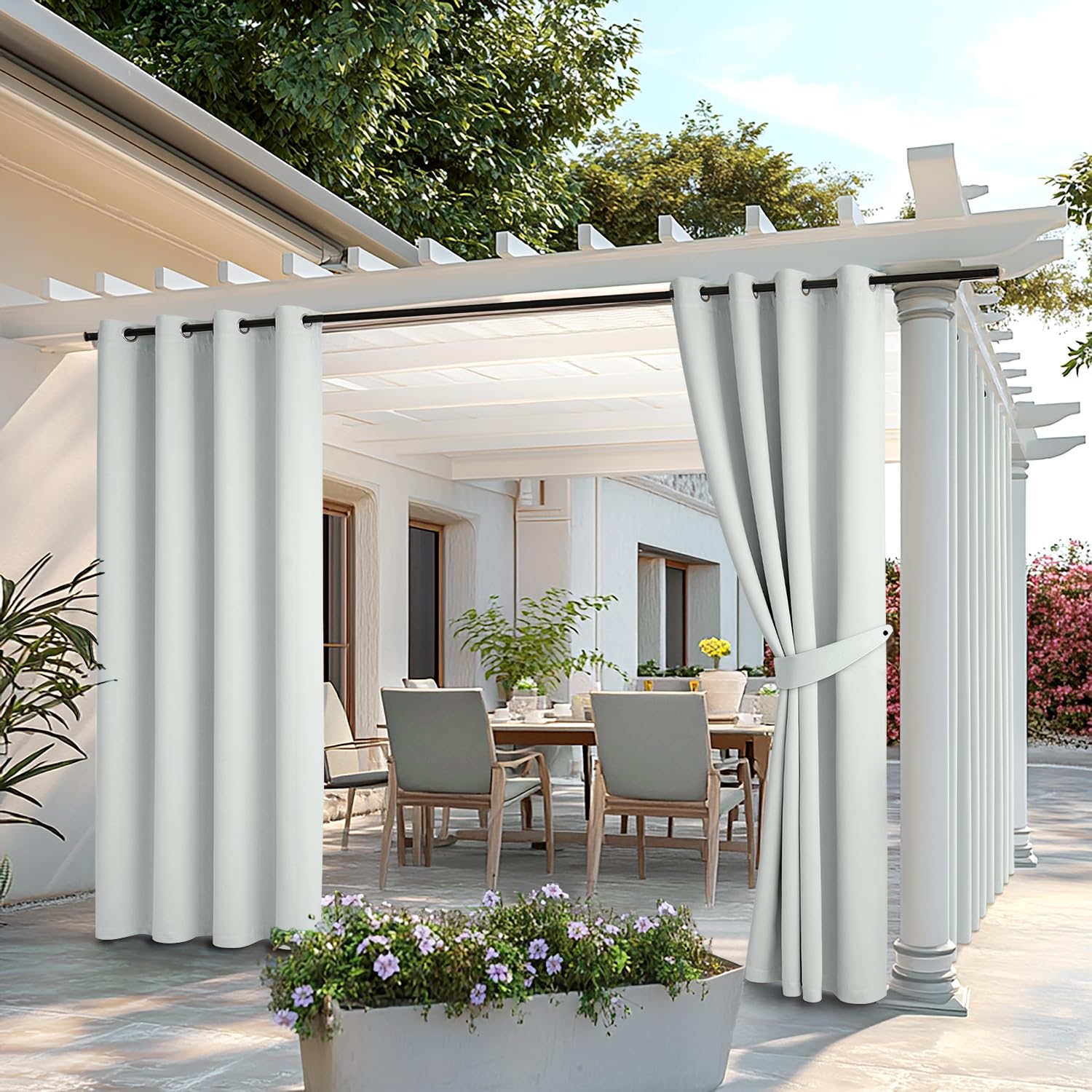MIULEE Outdoor Vorhang 2 Stücke Outdoorvorhänge Wetterfest mit Ösen, Blickdicht Sonnenschutz Wasserdicht Outdoor Außen Gardine für Garten Terrasse Pavillon Veranda Balkon B 132 x H 245 cm Grau-Weiß