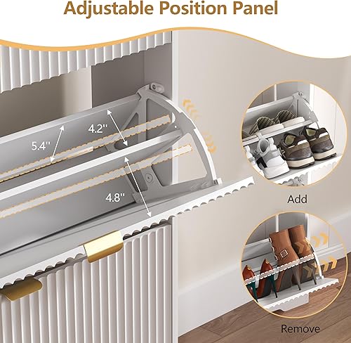 Miniatura 6 de Armario de zapatos para entrada con 3 cajones abatibles, armario de zapatos blanco acanalado con estantes ajustables, zapatero oculto de madera