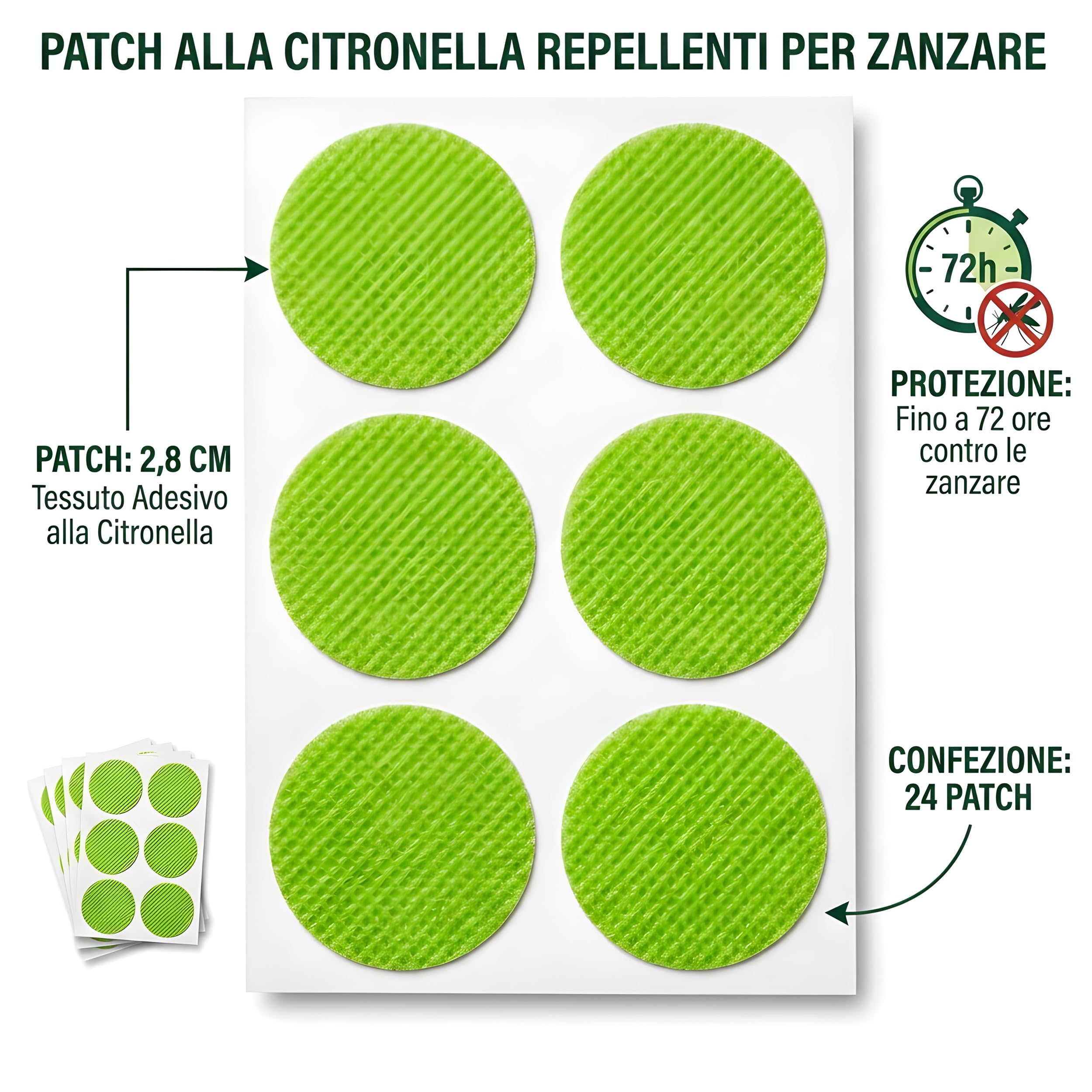 Patches Adesivi Citronella 24pz 2,8cm Tessuto Naturale | Protezione fino a 72 ore, Per vestiti, Adatti a tutta la famiglia, Contro zanzare e insetti