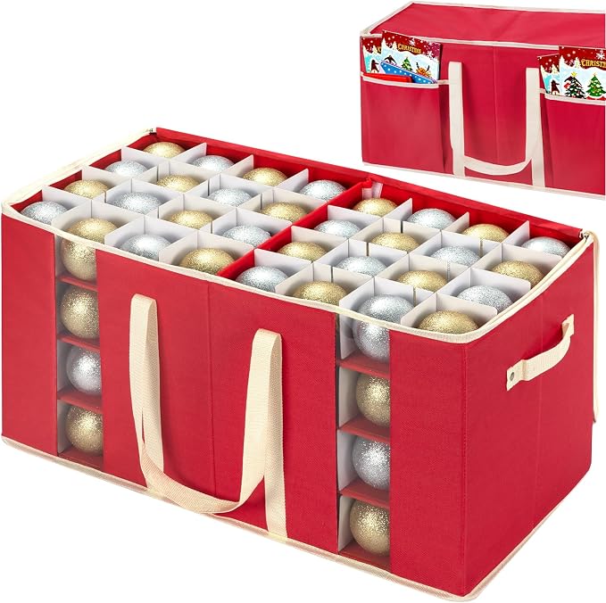 inin Christmas Ornament Storage Box with Adjustable Dividers,Christmas Ornaments Organizer with Zipper,Storage Container Bin with Side Pockets for Holiday Decorations(128 Ball, Red, without Tray)