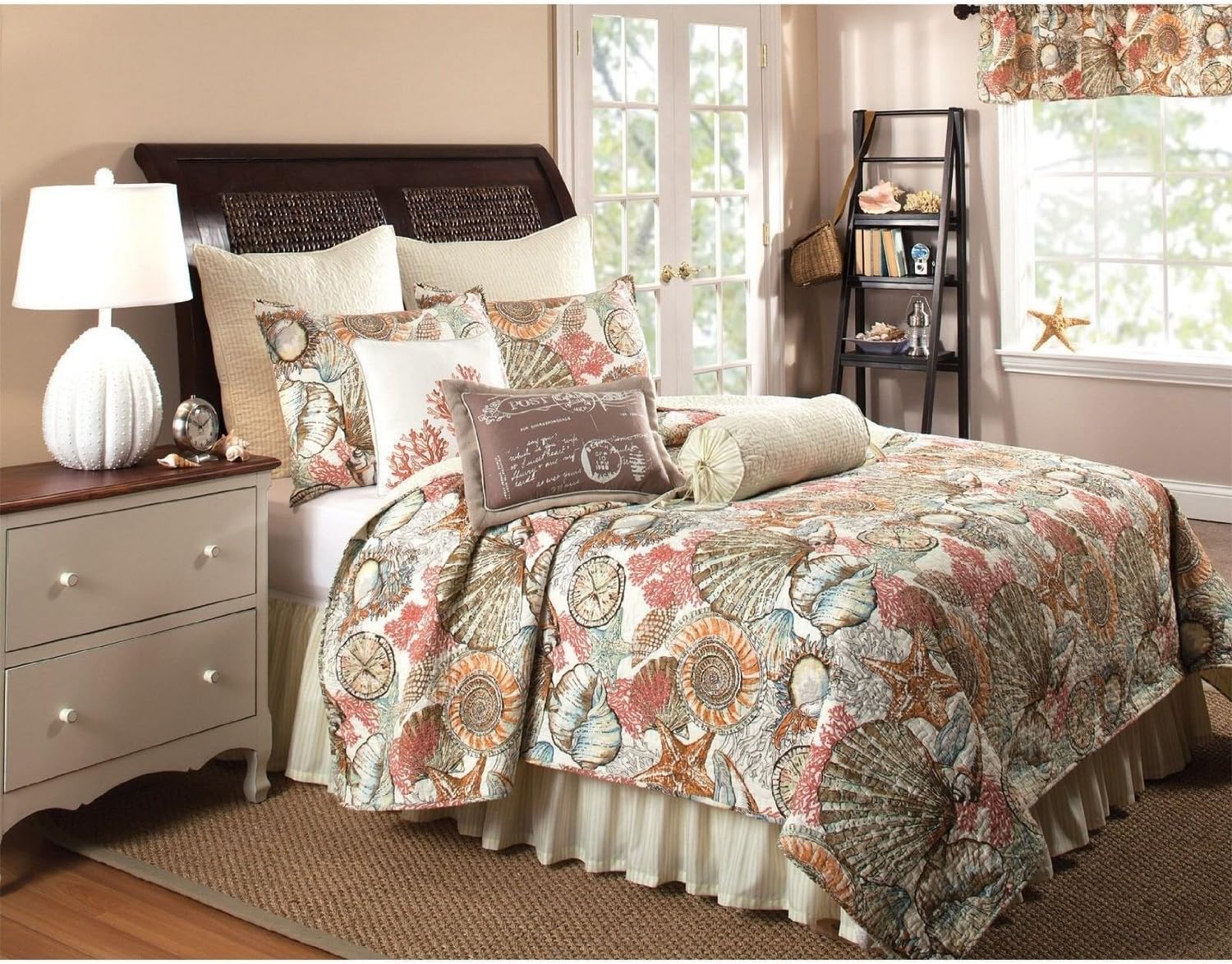 Brushed Ashore Beach House Coastal 3 Piece Full Queen Size Quilt Coral Seashell Starfish Tropical Cotton