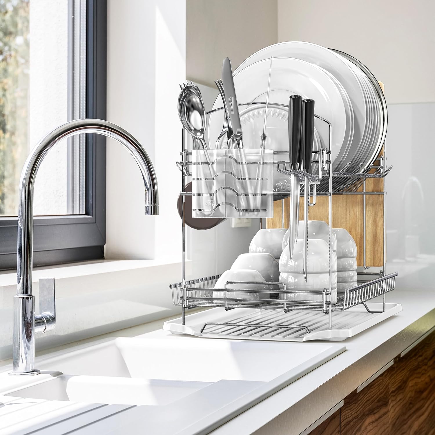 Simple Houseware 2-Tier Stainless Steel Dish Rack with Drainboard, Chrome for Kitchen