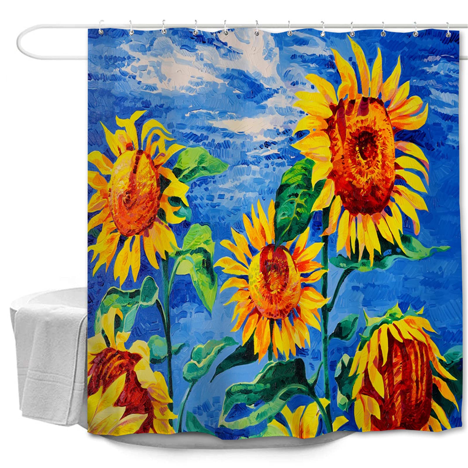 Oduo Oil Painting Shower Curtains Mould Proof Resistant Washable, 3D Sunflower Print Shower Curtains Waterproof Bath Curtain With 10-12 Hooks - Shower Curtain For Bathroom (,180X200cm)