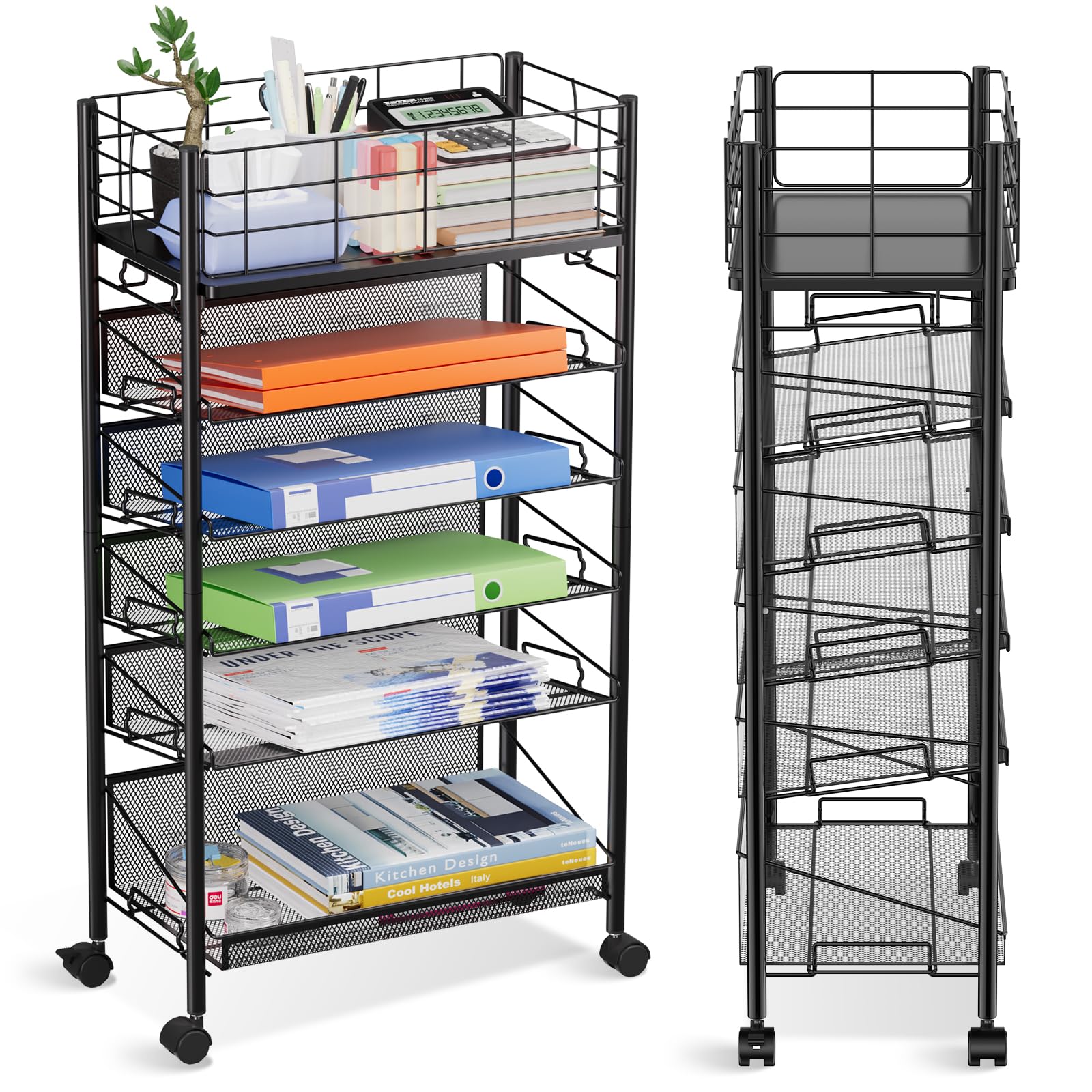 Rollbarer Aktenwagen mit Rädern, 6-stufiger Roll-Aktenwagen aus Metall für neben dem Schreibtisch, mobiler Bücherwagen mit Rädern für Büro, Zuhause, Schule, Bibliothek, Lehrerzimmer, Schwarz