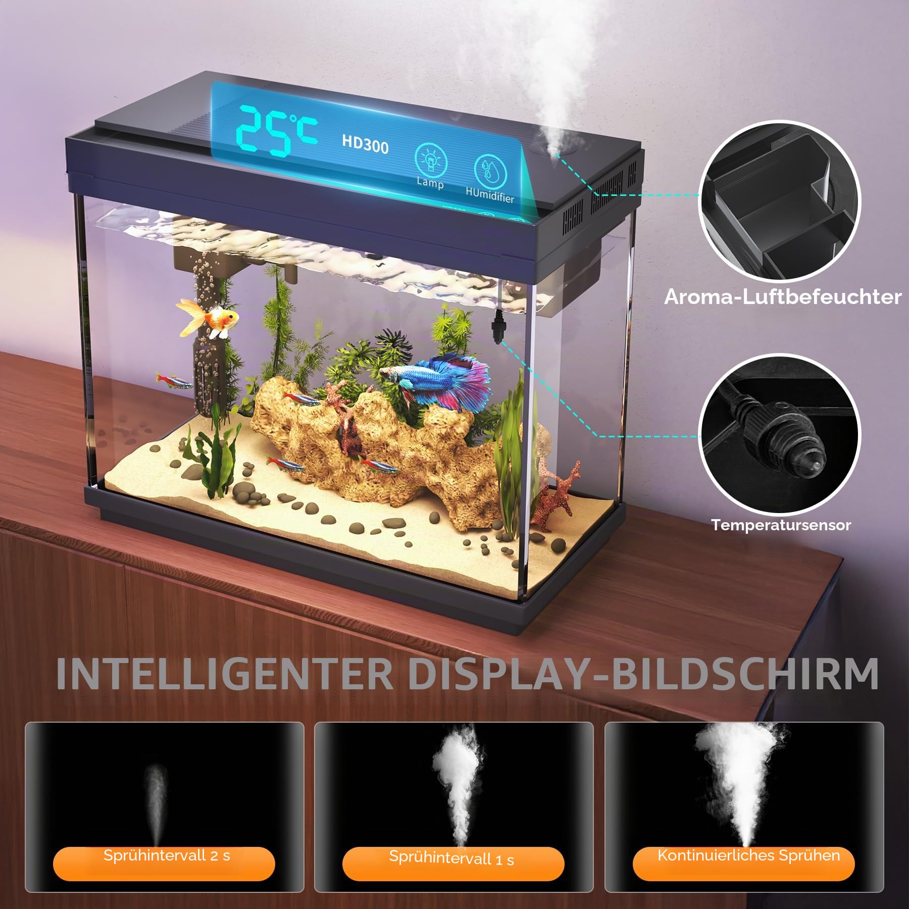 Vehipa Nano Aquarium, 9 L Aquarium Komplettset | mit 3-in-1 leiser Pumpe, intelligenter Luftbefeuchter, Temperaturanzeige, 7-farbige Beleuchtung