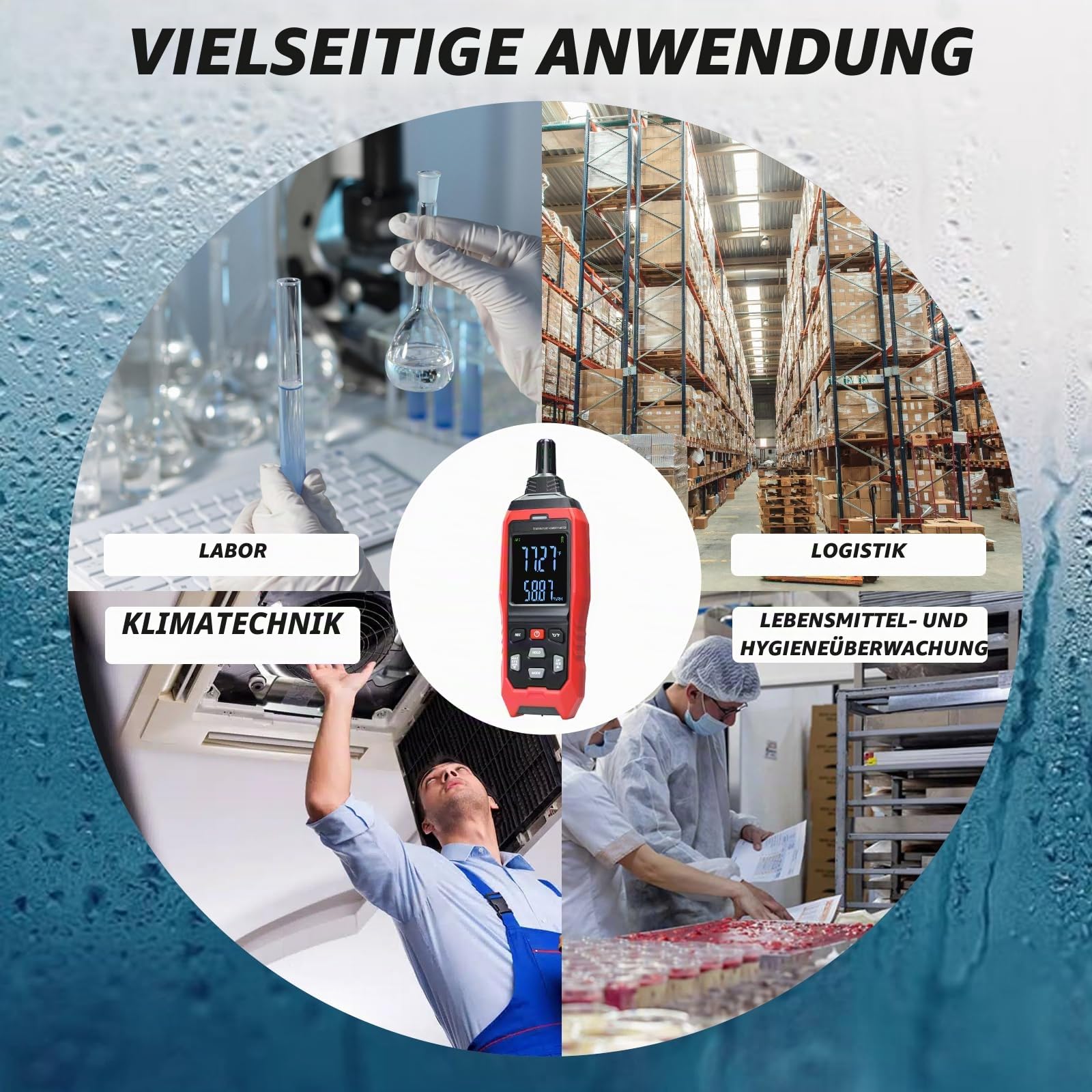 Luftfeuchtigkeits- und Temperaturdatenlogger Digitales Psychrometer HVAC, Feuchtkugel-Thermometer, 4000 Daten speicherbar & exportierbar, großer LCD mit Alarm