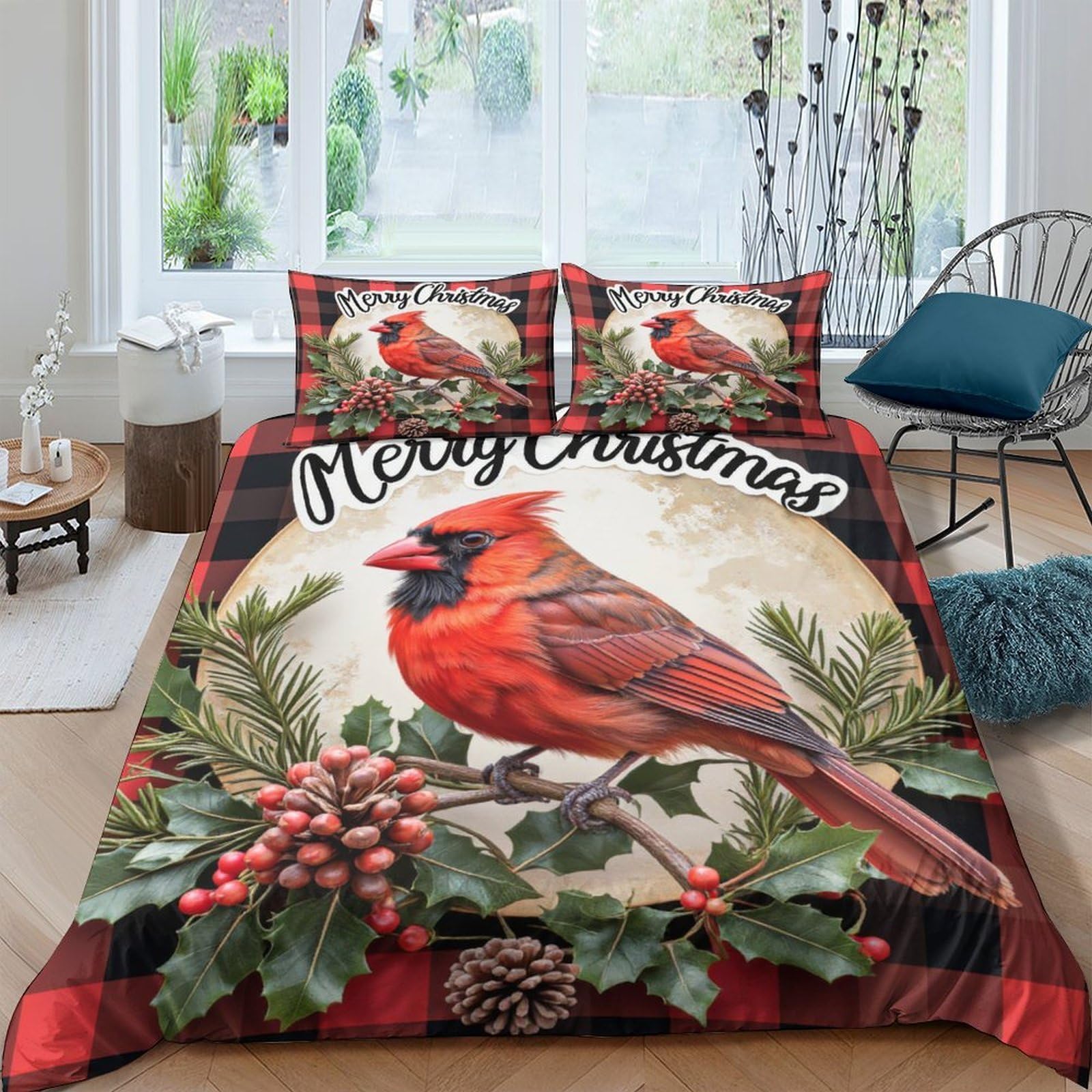 GPLZQXKJNH 3D Printed Christmas Cardinal Duvet Cover Microfiber Soft Red Bird Quilt Cover Set with 2 Pillowcases for Bedroom Decor Single（135x200cm）