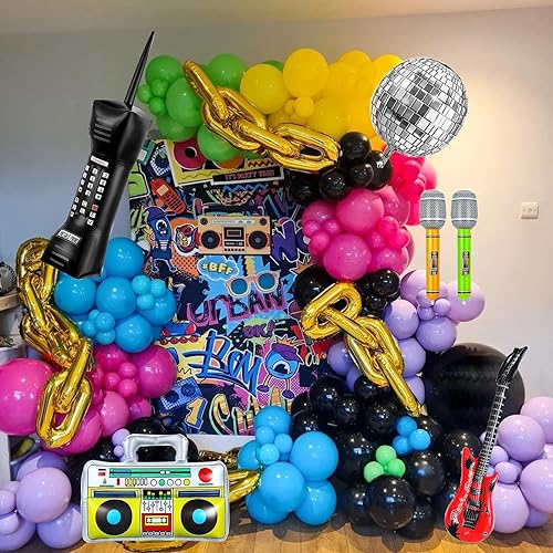 Miniatura 7 de Kit de arco de globos de los años 80 y 90 162 decoraciones de fiesta con globo de papel de aluminio de estrella, caja de pluma, cadena de bola de