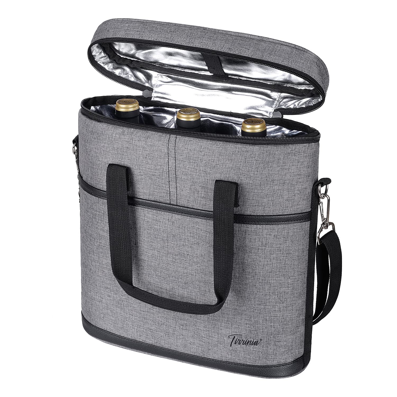Sponsored Ad - Tirrinia Insulated Wine Gift carrier - 3 Bottle Travel Wine Carry Cooler Tote Bag with Handle and Adjustable Shoulder Strap, Grey
