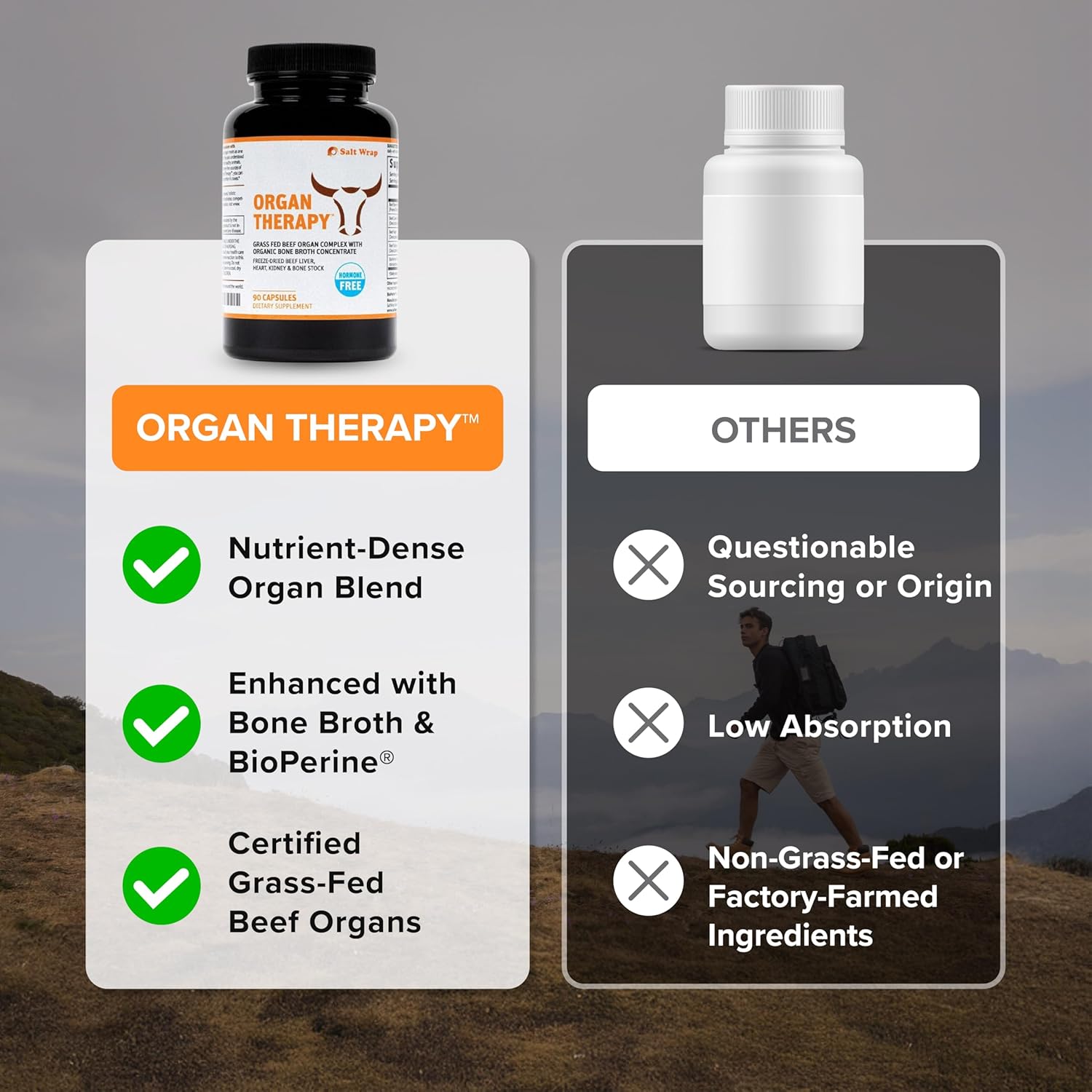 SaltWrap Organ Therapy - Grass Fed Beef Organ Meat Complex Supplement with Organic Bone Broth Concentrate (Beef Liver, Heart, Kidney and Bone Broth Capsules with BioPerine) Desiccated, 90 Capsules