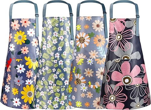 4 delantales florales para mujer, delantales para mujer con bolsillos, delantal de cocina ajustable, delantal impermeable para cocina