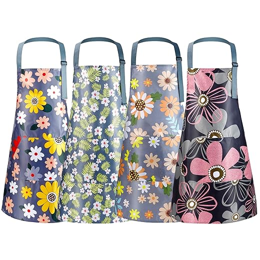 4Pcs Floral Aprons for Women,Aprons for Women with Pockets,Adjustable Cooking Apron,Waterproof Bib Apron for Kitchen