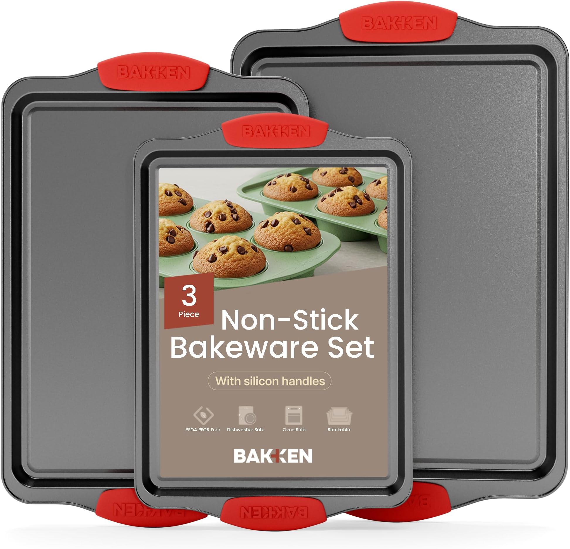 Bakken- Swiss Baking Pan Set – 3 Piece Cookie Sheet – Deluxe Black Non-Stick Carbon Steel – Silicone Handles – Commercial Grade Restaurant Quality – PFOA PFOS and PTFE Free by