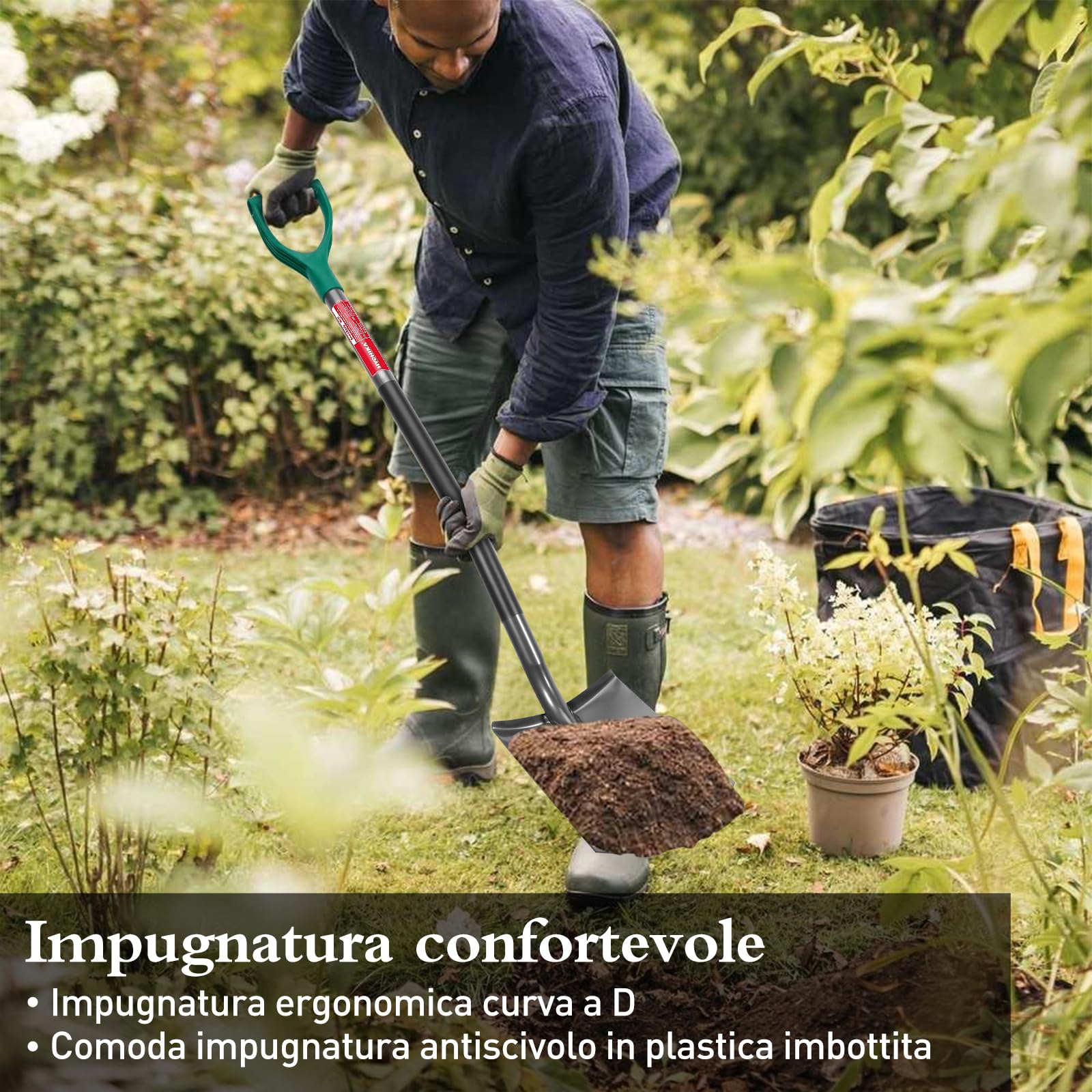 HYCHIKA Pala da Giardino Circolare, Vanga da Giardinaggi, Pala da Scavo, Acciaio Temprato di Alta Qualità, Manico Ergonomico Impugnatura a D, per Piante, Agricola, Diserbo, Spalatura Neve