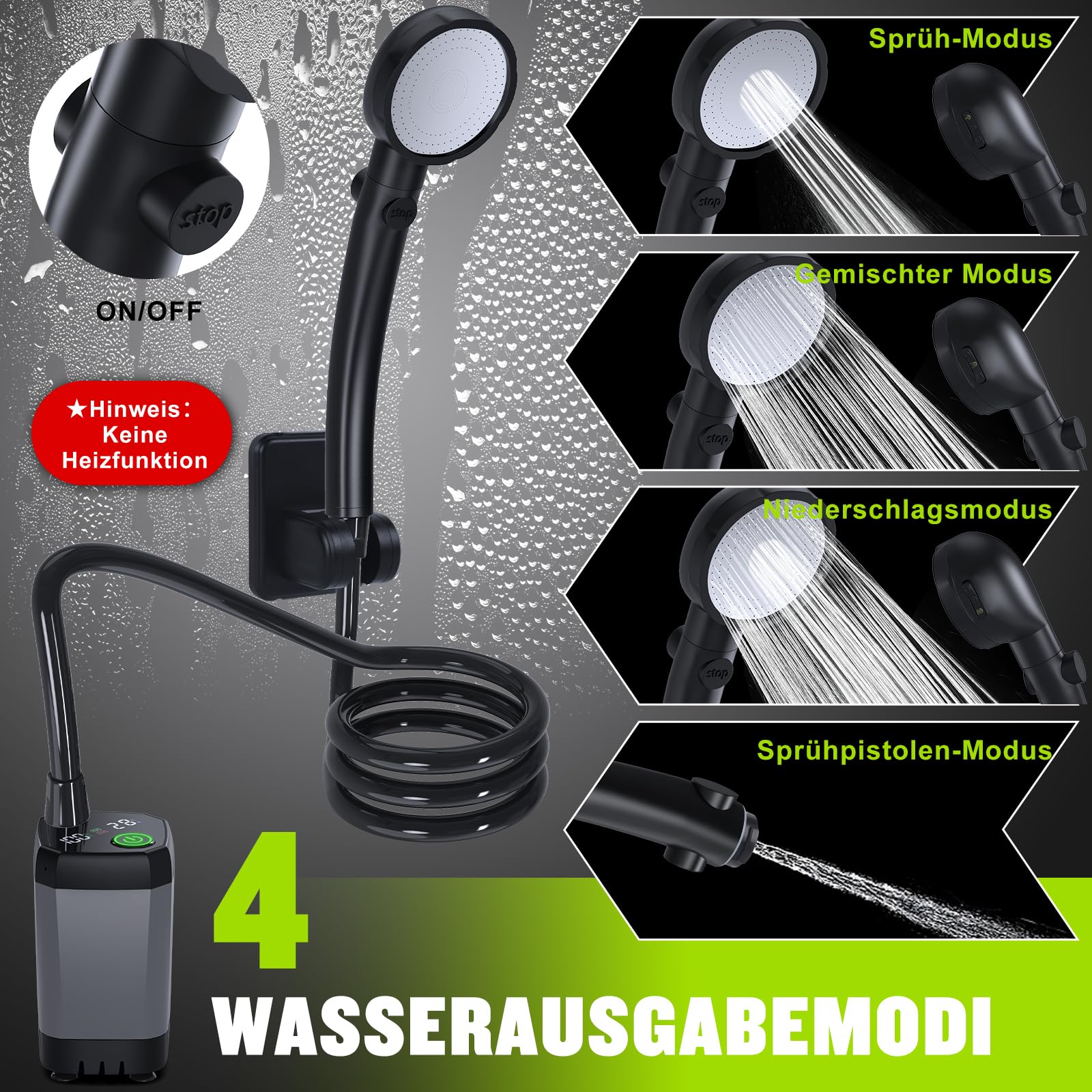 Spopal Campingdusche Tragbare, [6000mAh] Camping Dusche mit mit Pumpe und Temperaturanzeige, Camping Dusche Outdoor Set mit Duschkopf und 2M Schlauch für Garten, Autowaschen, Strand, Reisen, Haustier