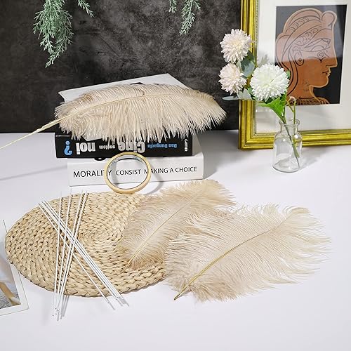 Miniatura 5 de Ballinger Plumas de avestruz champán a granel, kit de fabricación de 10 plumas bohemias grandes de 28 pulgadas para jarrón, arreglo floral, centros