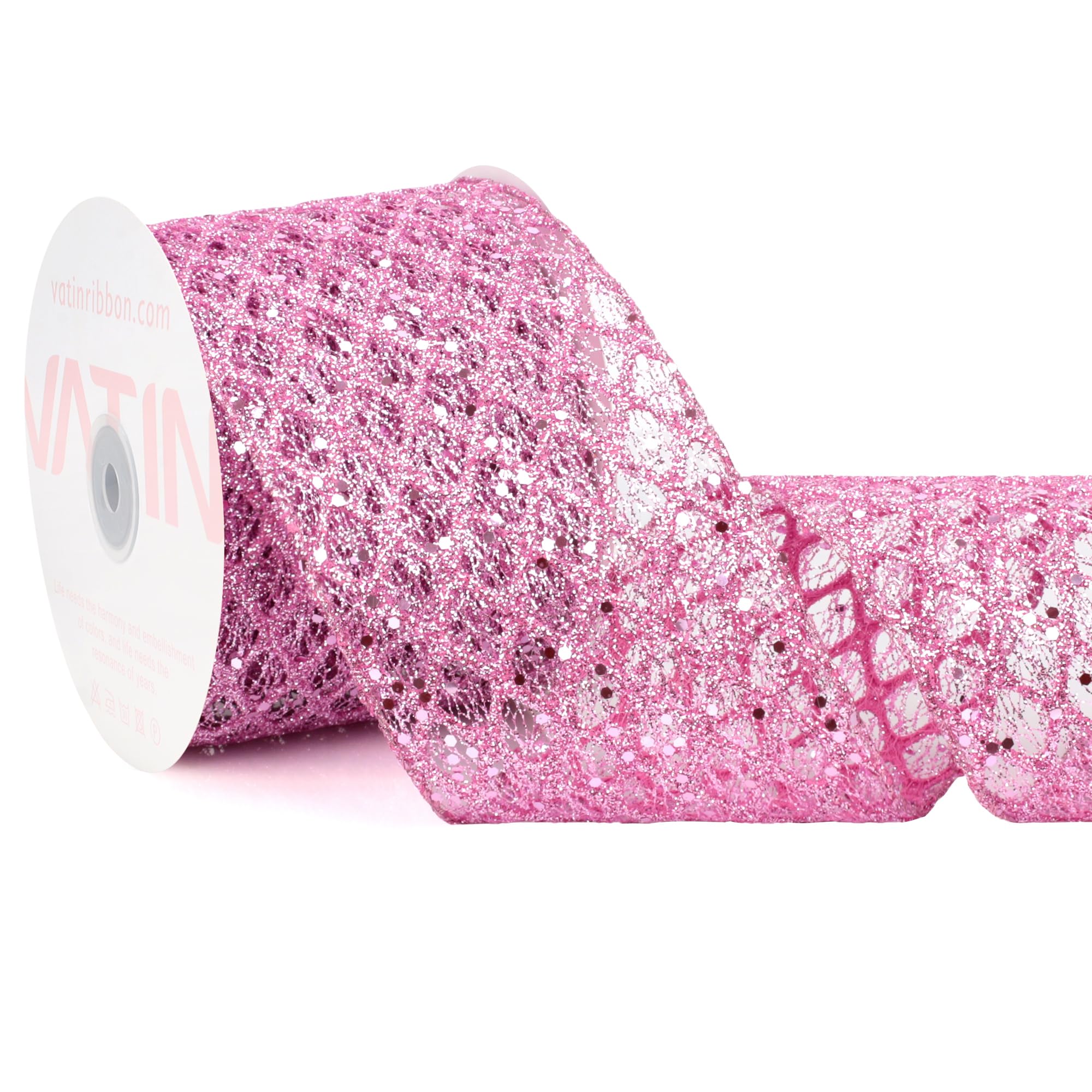 VATIN Pink Glitter Wired Ribbon 10cm x 9 Metres for Christmas Decorations, Wreath Supplies, Tree Bow, Crafts - Sparkle Christmas Ribbon โ image 1