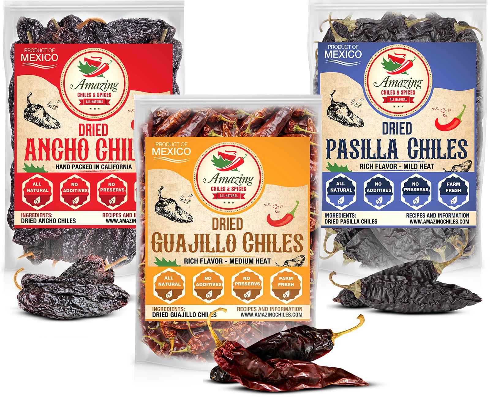 Amazing Chiles & Spices Dried Chile Peppers Variety Pack (12 oz Total) - Ancho, Guajillo, Pasilla Chiles - Staple for Mexican Recipes - Birria, Salsa, Sauces, Stews, Tamales By Amazing Chiles and Spi