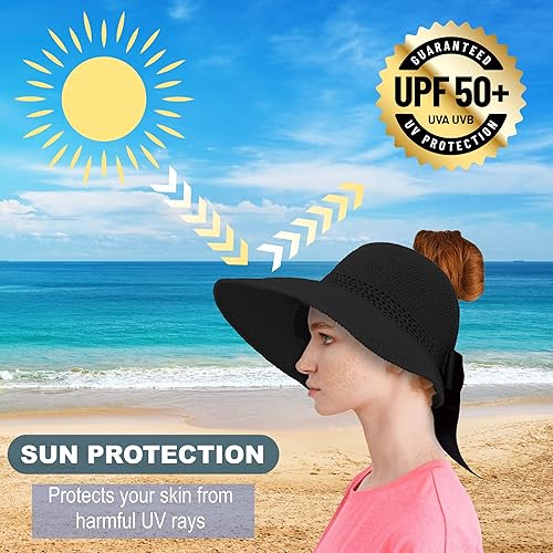 Miniatura 3 de Visera solar de paja para mujer, ala ancha, protección UPF 50+, sombrero de playa, ajustable, plegable, gorra de cola de caballo con correa para la