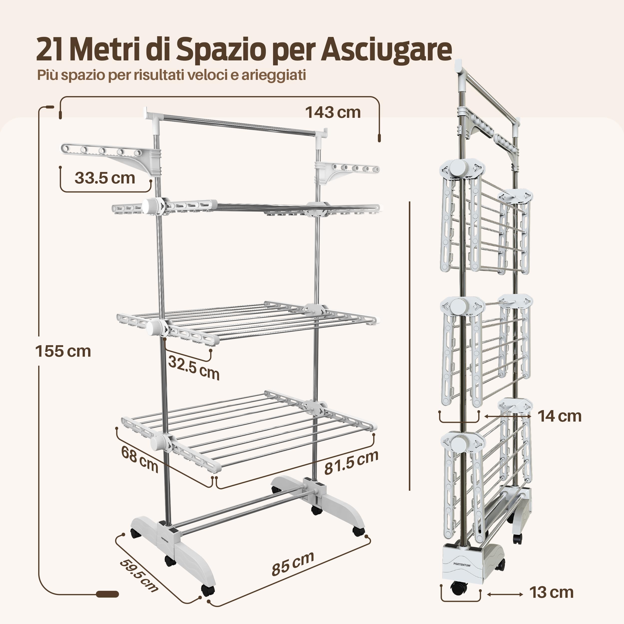 PORTENTUM Stendino verticale salvaspazio pieghevole 14 cm 5 livelli – 58 ganci per appendini – Fino a 40 kg – Stendibiancheria 24 barre acciaio inox – Uso interno ed esterno – Ruote girevoli con freno