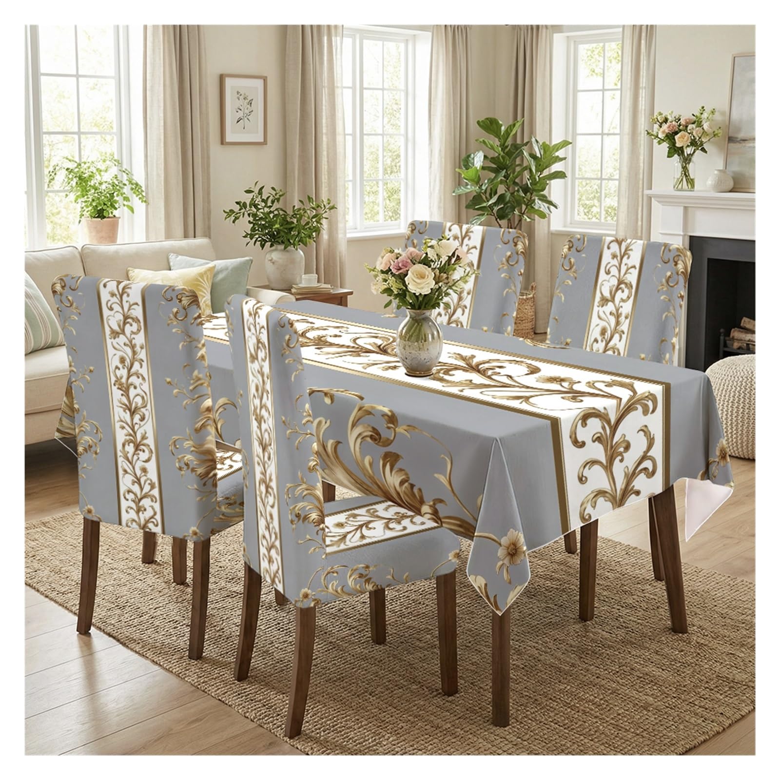 KXUAUV Gold Scroll Dining Set Covers 5/7 Piece Tablecloth With Matching Chair Slipcovers In Vertical Classic Pattern For Elegant Dining Rooms Party Decor(5pcs Set: Tablecloth+Chair Covers)