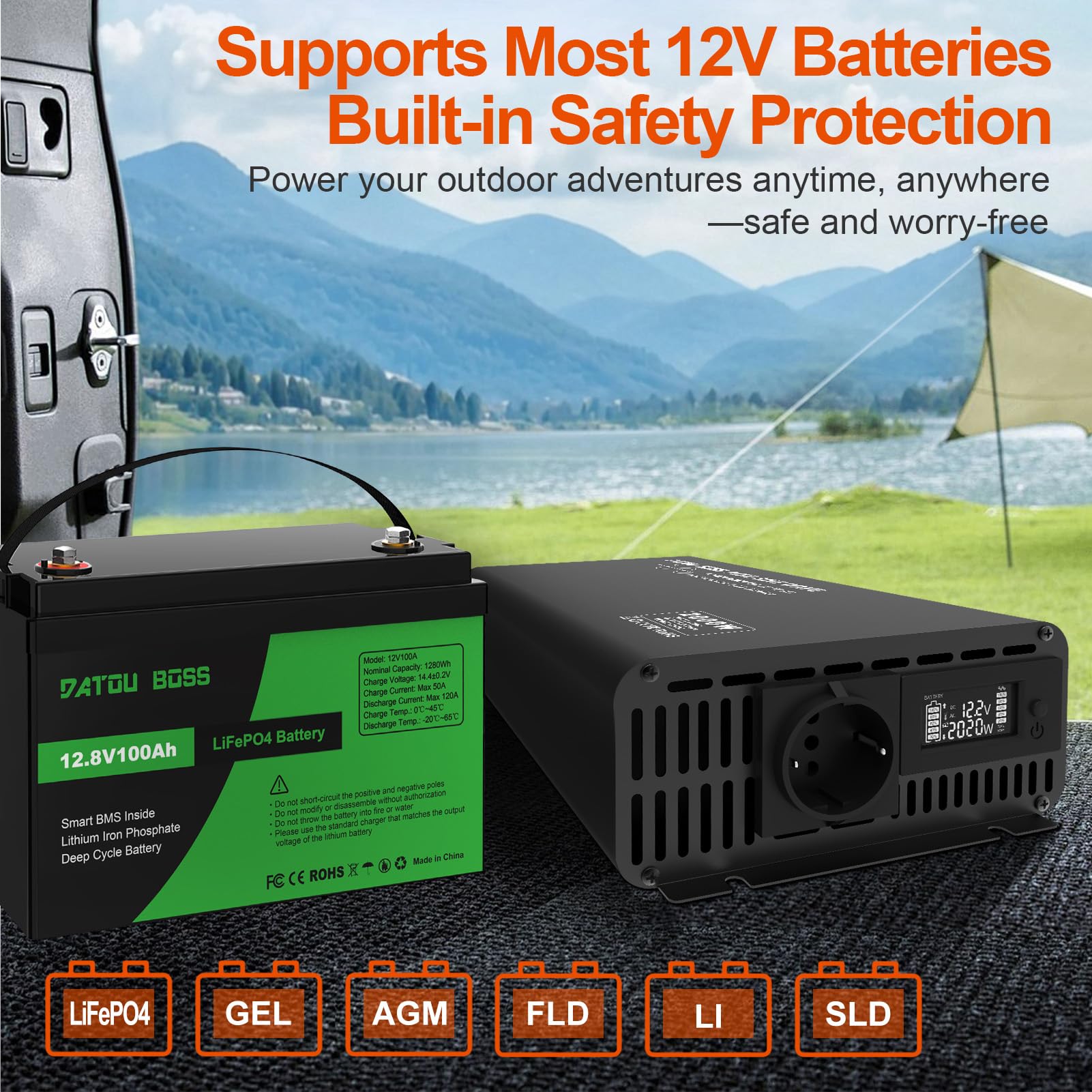 DATOUBOSS 2000W/4000W Inversor 12V 220V Onda Pura, inversor 12v a 220v Convertidor Onda con Control Remoto Inalámbrico, 1 AC Tomas，Pantalla Digital, Adecuado para Coches, Caravanas, Barcos y Acampada
