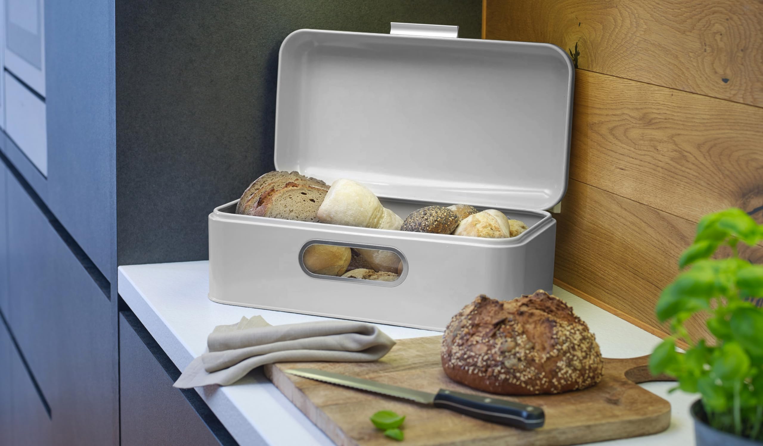 ECHTWERK Elegante panera de metal retro con ventana, caja de almacenamiento de ahorro de espacio, cesta de pan con tapa, almacenamiento para pan fresco aún más tiempo, gris, 42 x 23 x 16,5 cm