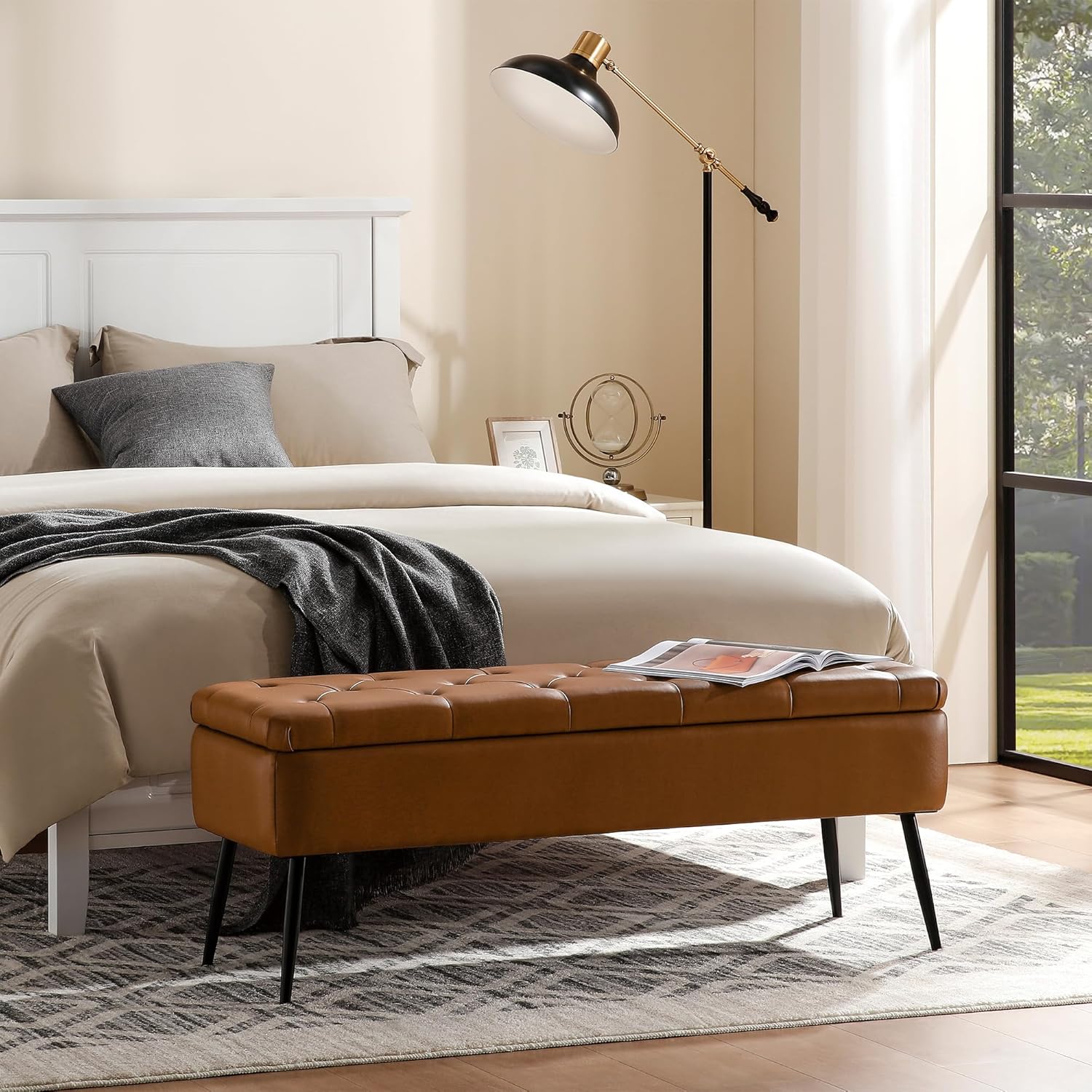 Leather Storage Ottoman Bench,End of Bed Bench for Living Room Bedroom Dinning Room Entryway,Mid-Century Modern, with Steel Legs,Safety Hinges, Loads 660 lb (with Button, Brown)