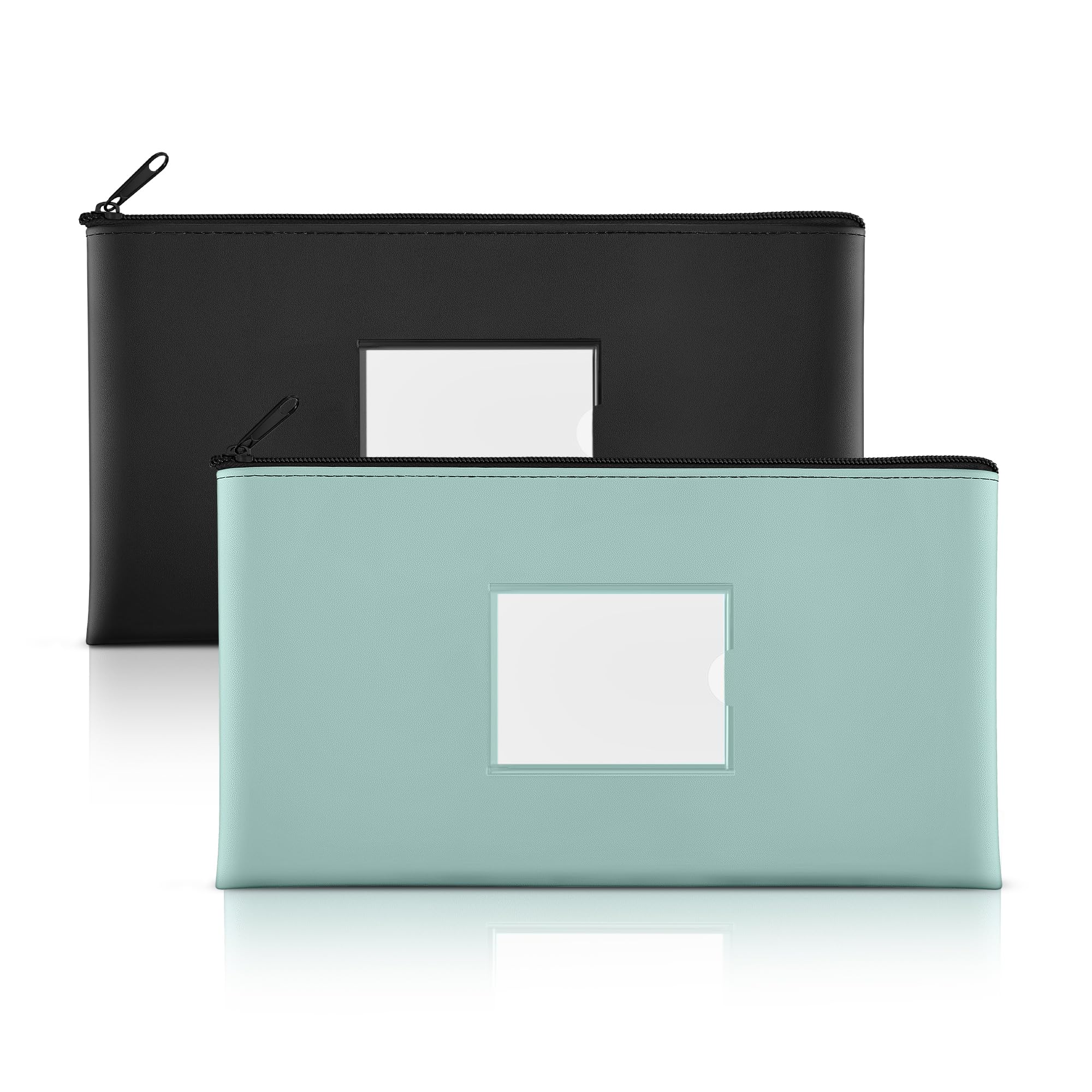 SMARTAKE 2-Pack Bank Deposit Money Bags with Zipper, PU Leather Bags Cash Wallet Pouches with Label, for Coins, Cosmetics, Invoice, Bills, Tools, 11.5 x 6.2 Inches, Aqua Blue & Black