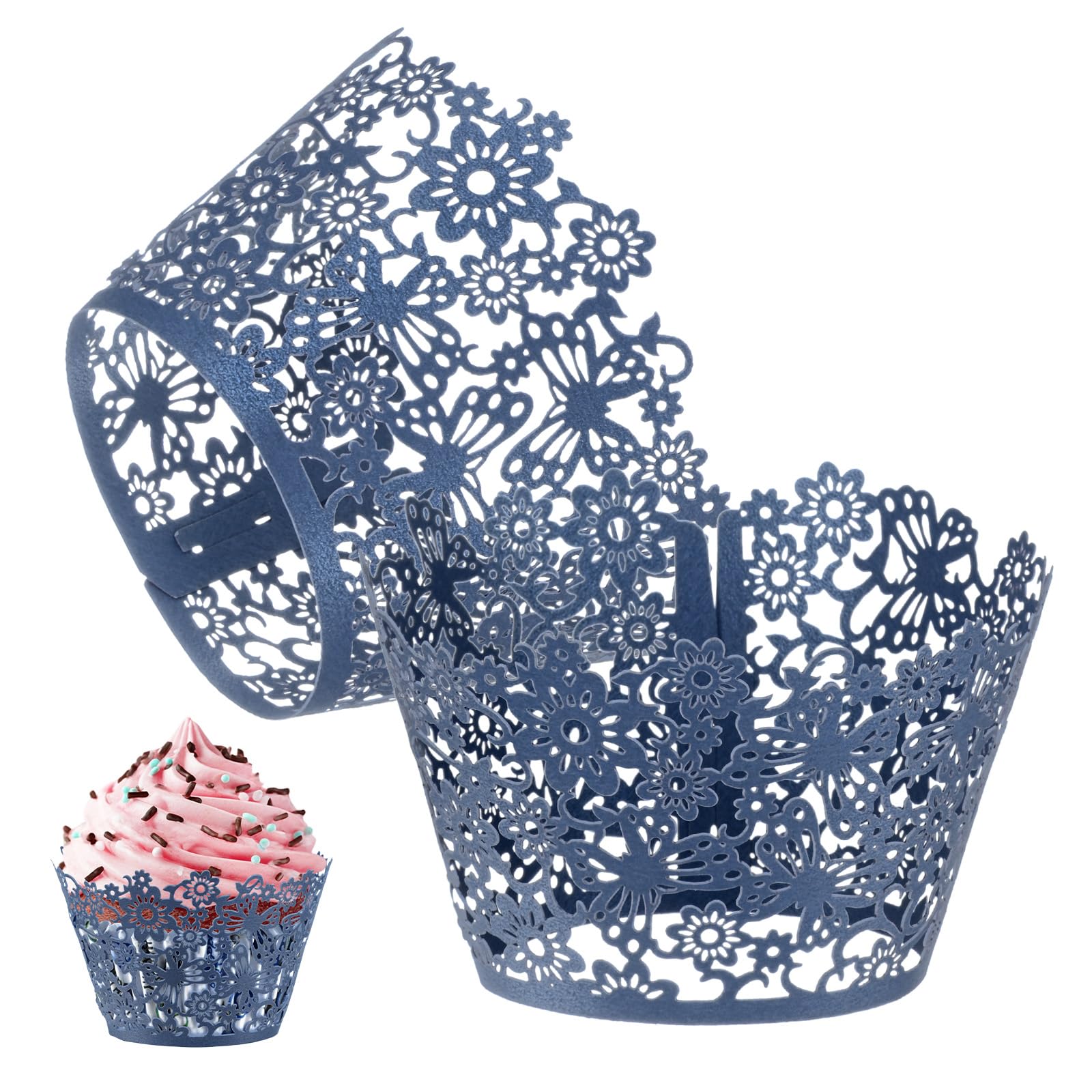 M METERXITY 50-Pack Cupcake Wrappers, Pearlescent Art Paper, Floral Lace Hollow Out Cupcake Liners for Wedding/Birthday Party Decoration, Bake Cake Paper[Navy Blue]