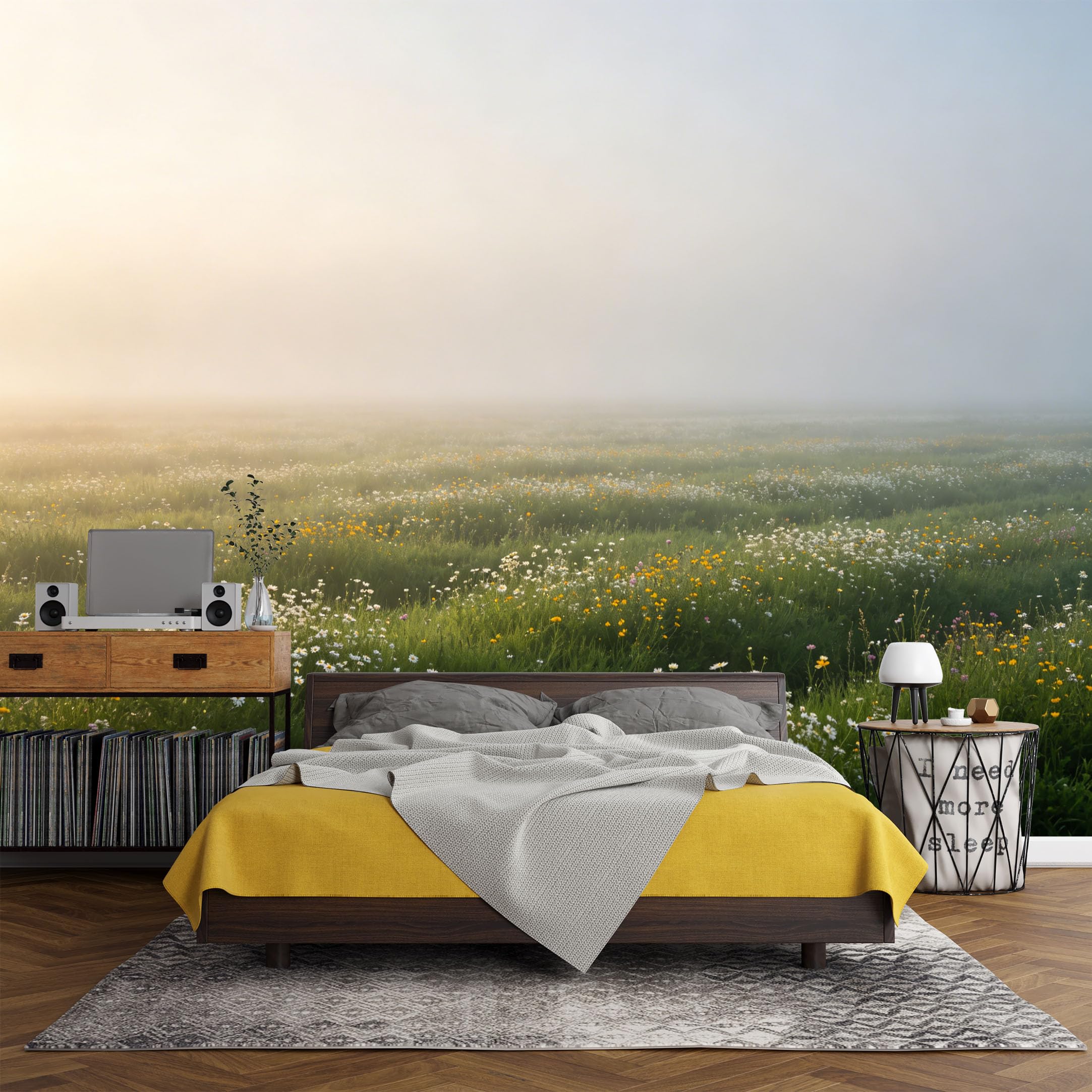 Custom Size Wall Mural Misty Morning Meadow Wildflowers Botanical Landscape SelfAdhesive Art Prints wall Fabric（No PVC） Removable Wallpaper Living Room Decor
