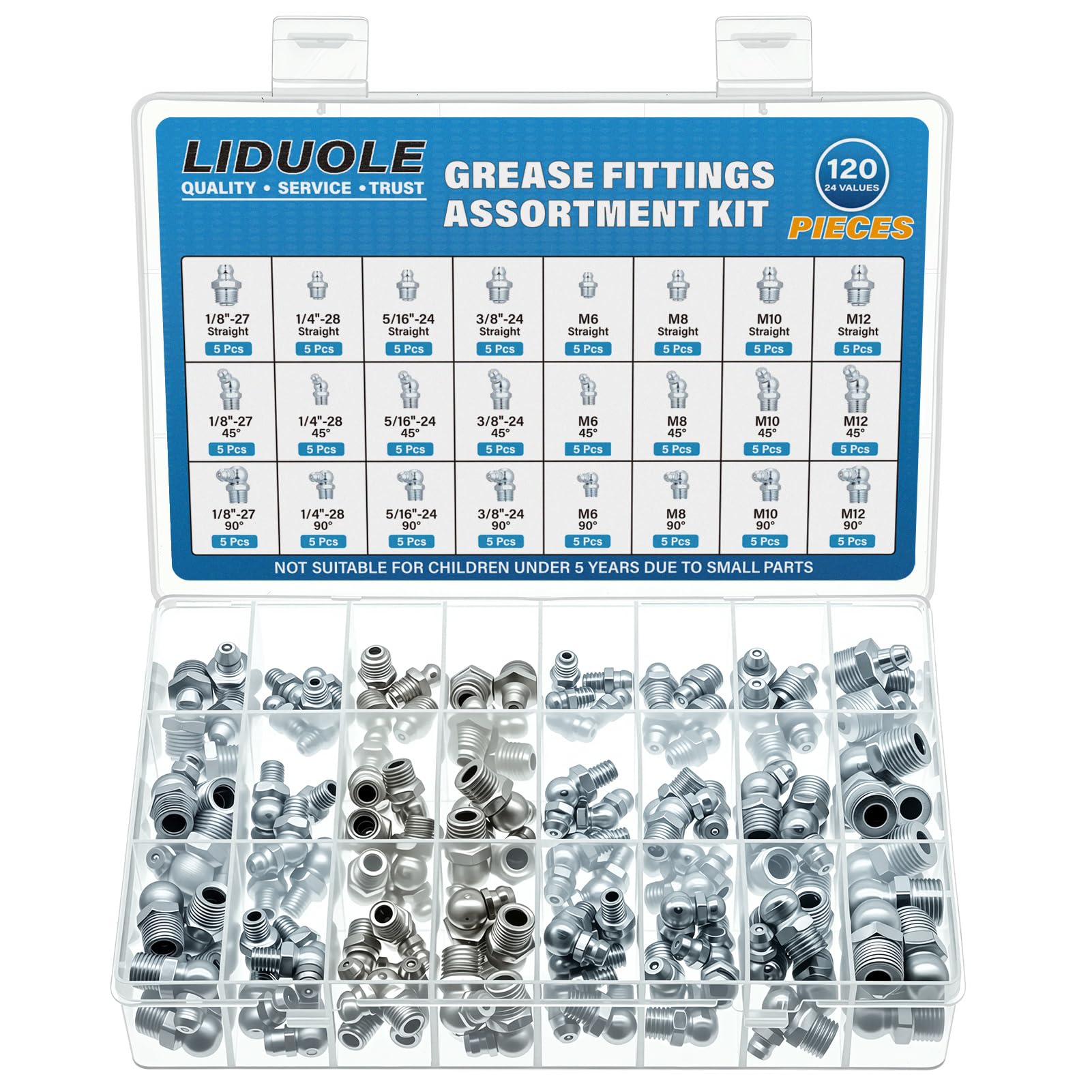 24Sizes Grease Fittings SAE Metric Grease Zerk Fitting Assortment Kit 1/4" 1/8" 5/16" 3/8" M6 M8 M10 M12 Straight 45 90 Degree Zerks Nipple