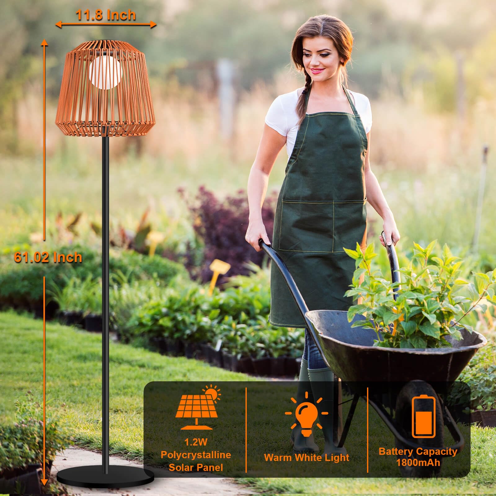 Lámpara solar exterior de ratán con 3 niveles de brillo y carga USB, IP65, resistente al agua, lámpara de pie solar para jardín, terraza y salón (30 × 30 × 155 cm, blanco cálido, encendido