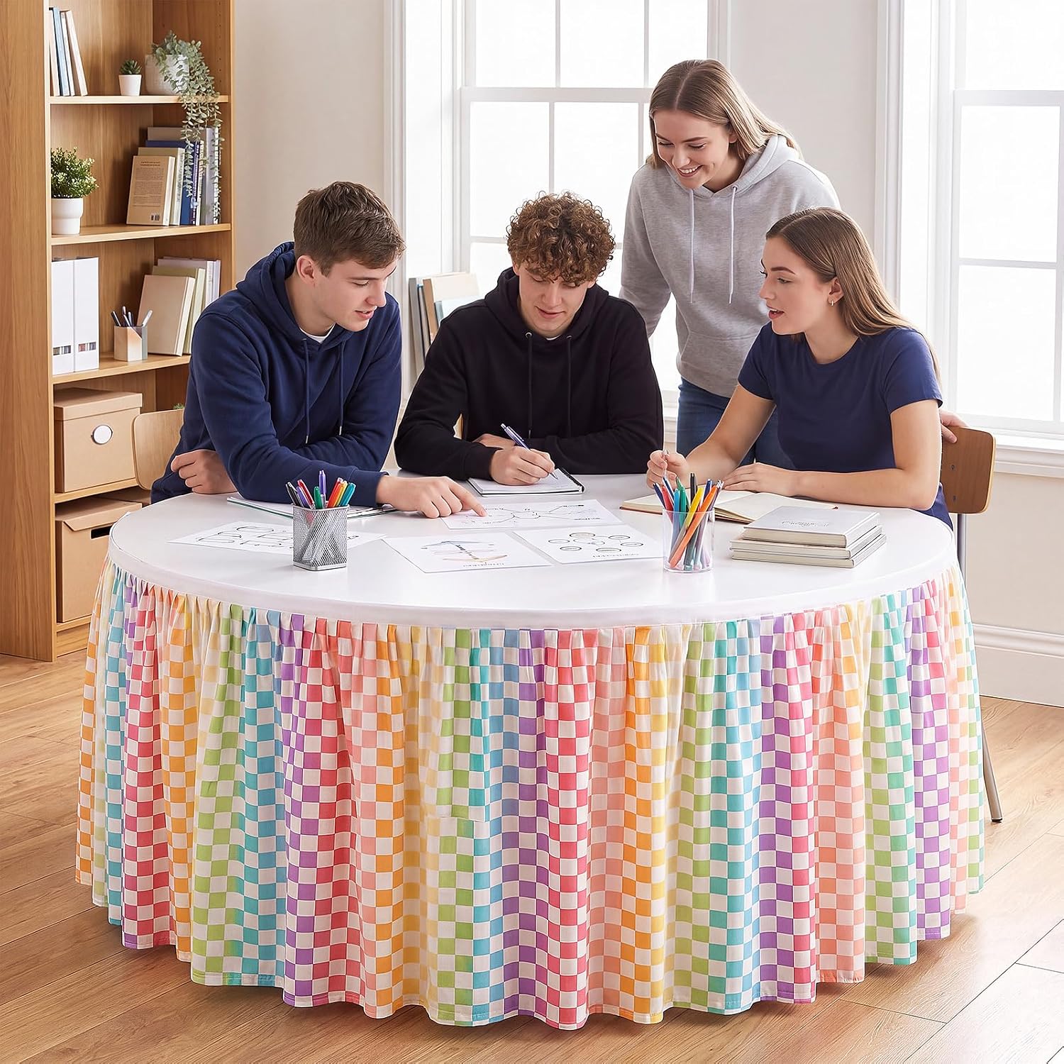 Hahafelt Colorful 9 ft Checkered Teacher Desk Skirt Classroom Table Skirt