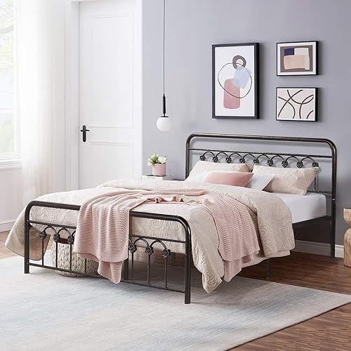 Miniatura 4 de VECELO Base de cama de plataforma metálica de tamaño matrimonial con cabecera y estribo, base de colchón con soporte de listones de acero,